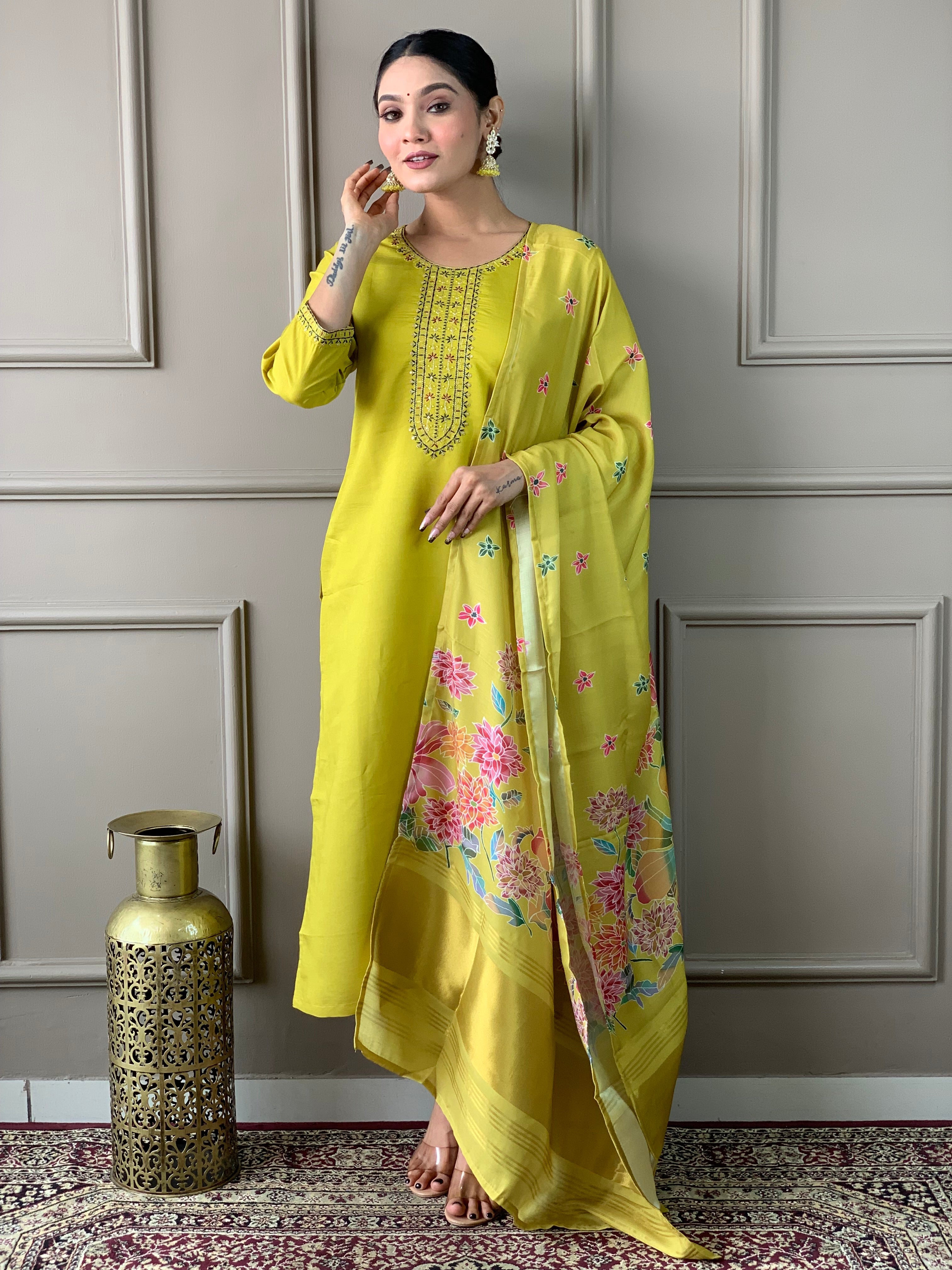 Women's Viscose Chanderi Embroidered Straight Kurta with Viscose Chanderi Pant & Viscose Chanderi Printed Dupatta Set