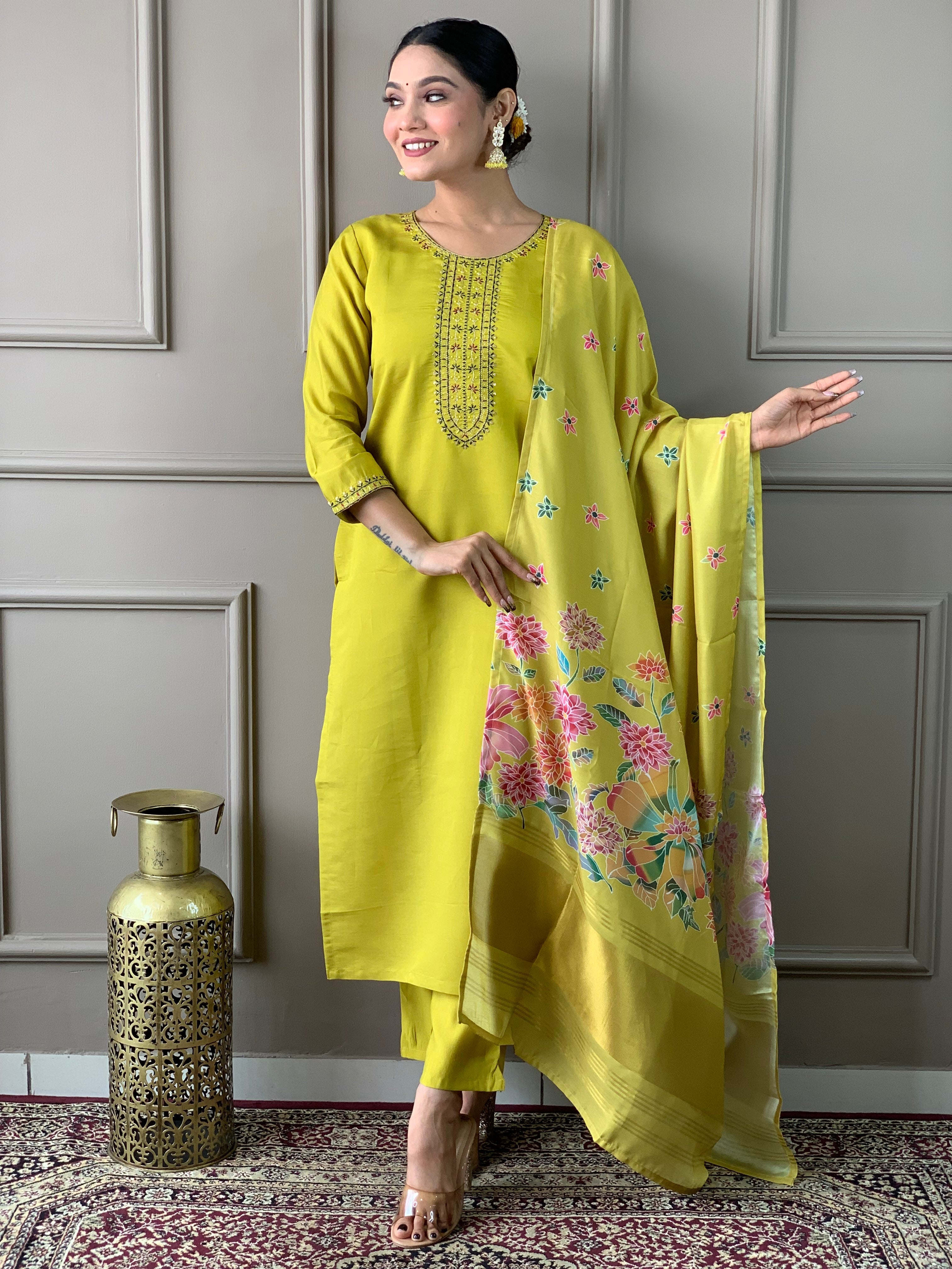 Women's Viscose Chanderi Embroidered Straight Kurta with Viscose Chanderi Pant & Viscose Chanderi Printed Dupatta Set