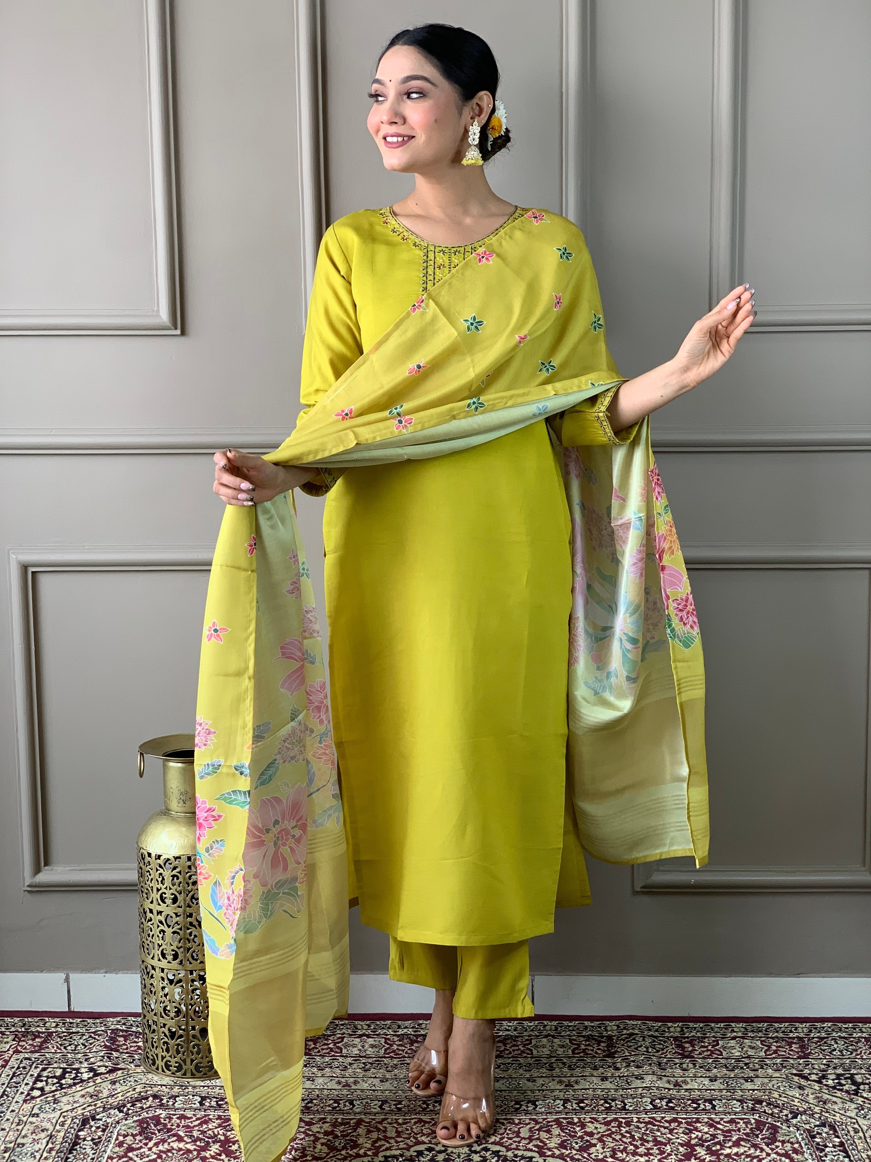 Women's Viscose Chanderi Embroidered Straight Kurta with Viscose Chanderi Pant & Viscose Chanderi Printed Dupatta Set