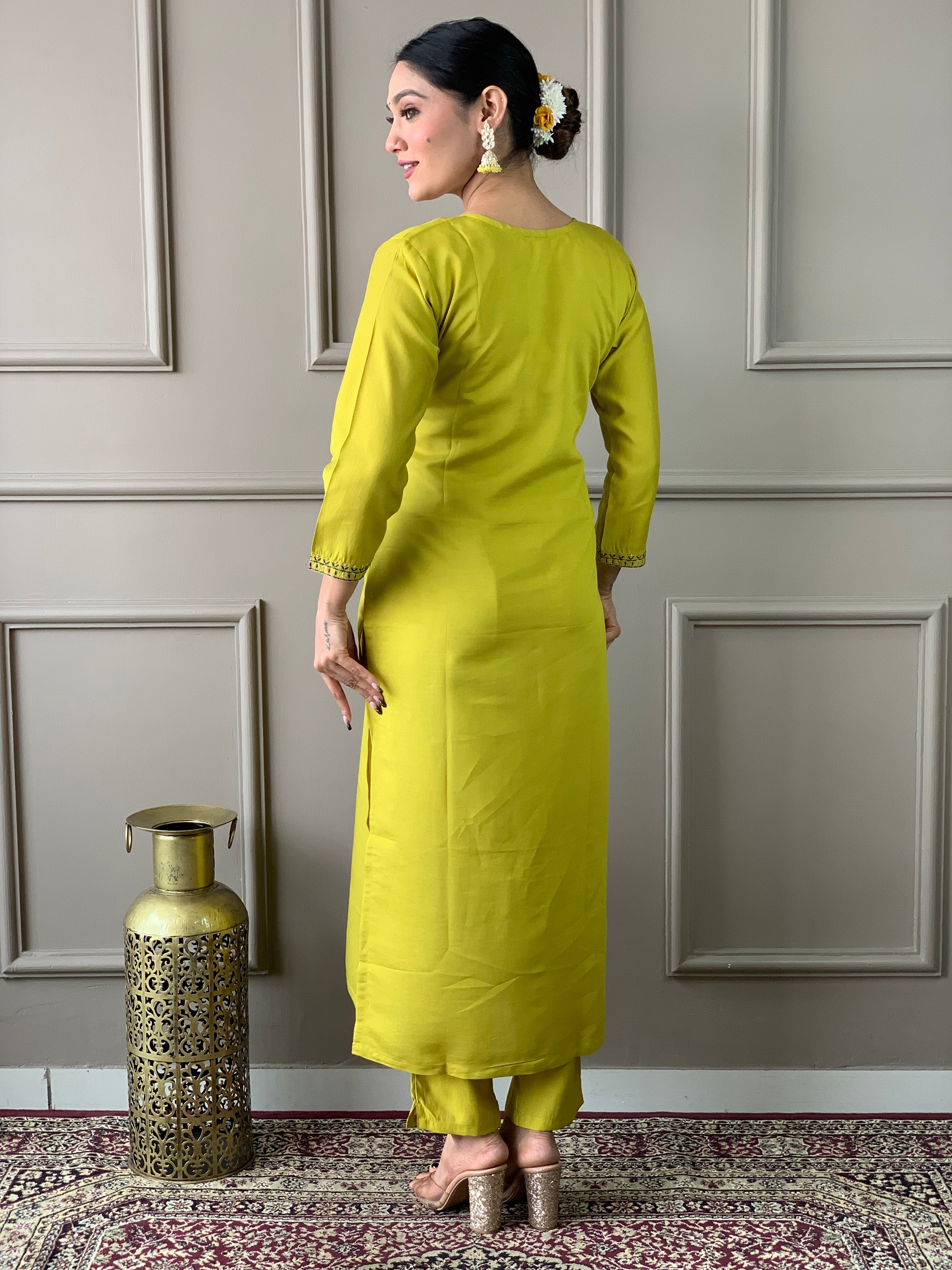Women's Viscose Chanderi Embroidered Straight Kurta with Viscose Chanderi Pant & Viscose Chanderi Printed Dupatta Set