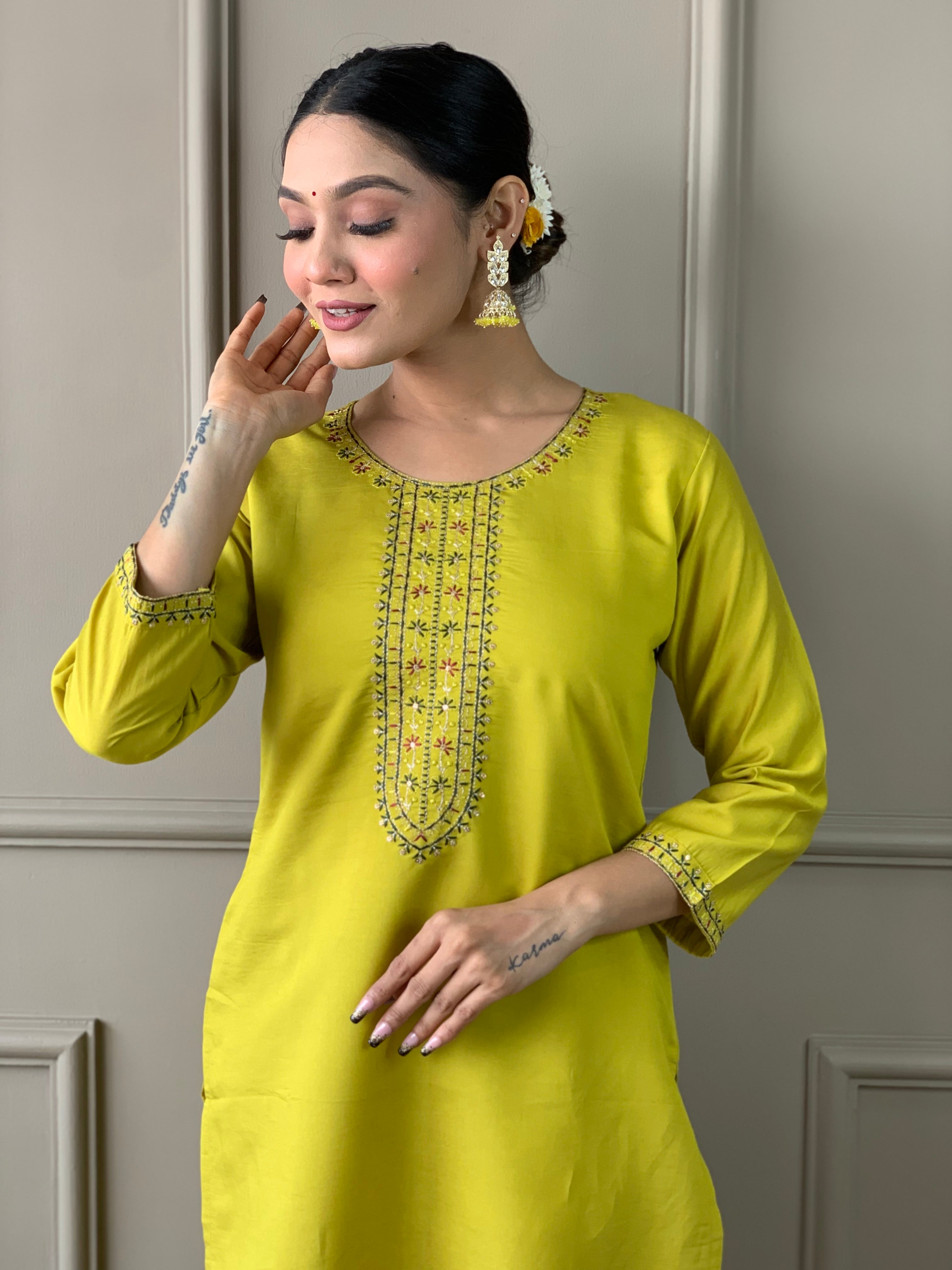 Women's Viscose Chanderi Embroidered Straight Kurta with Viscose Chanderi Pant & Viscose Chanderi Printed Dupatta Set