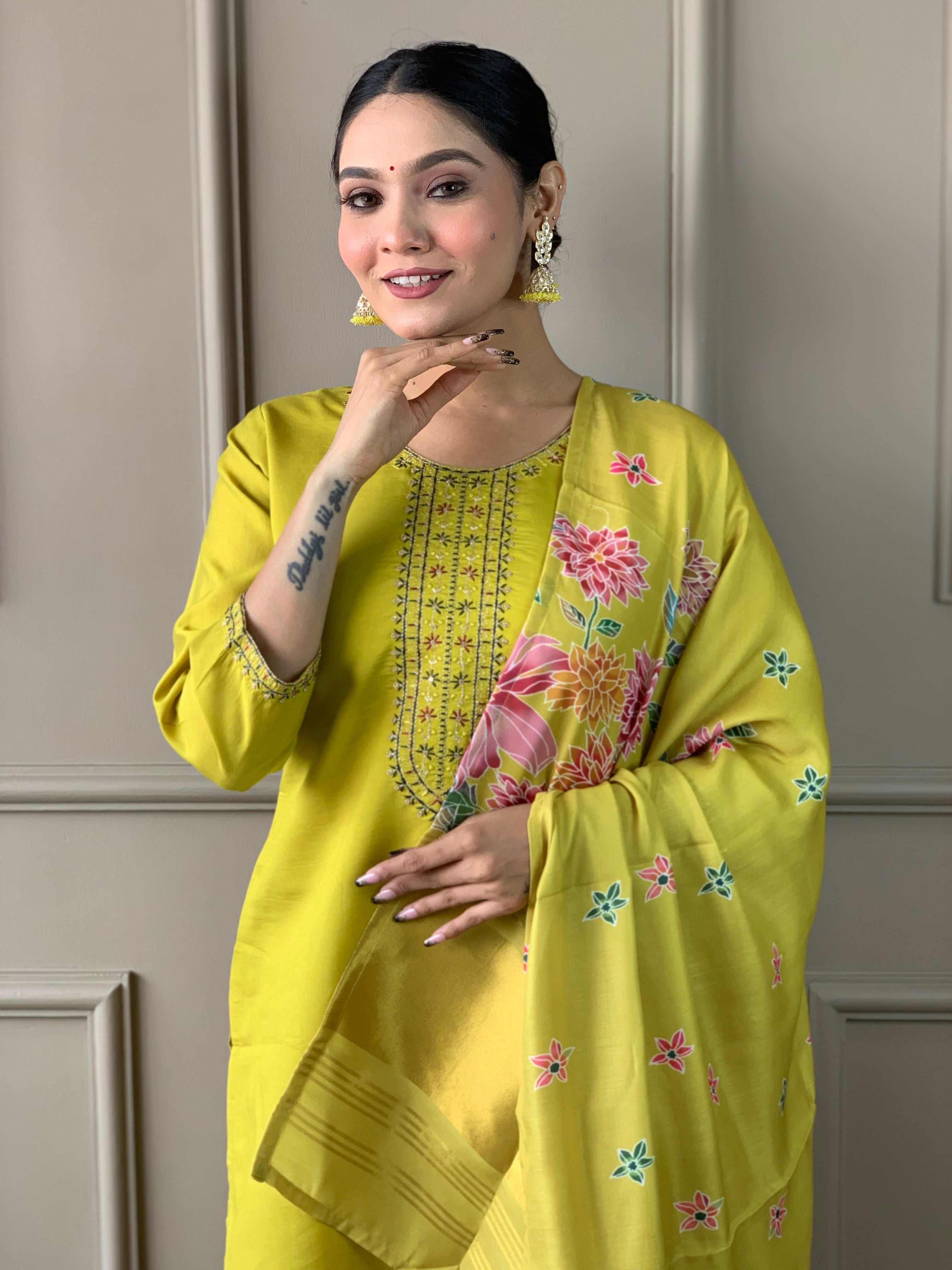 Women's Viscose Chanderi Embroidered Straight Kurta with Viscose Chanderi Pant & Viscose Chanderi Printed Dupatta Set