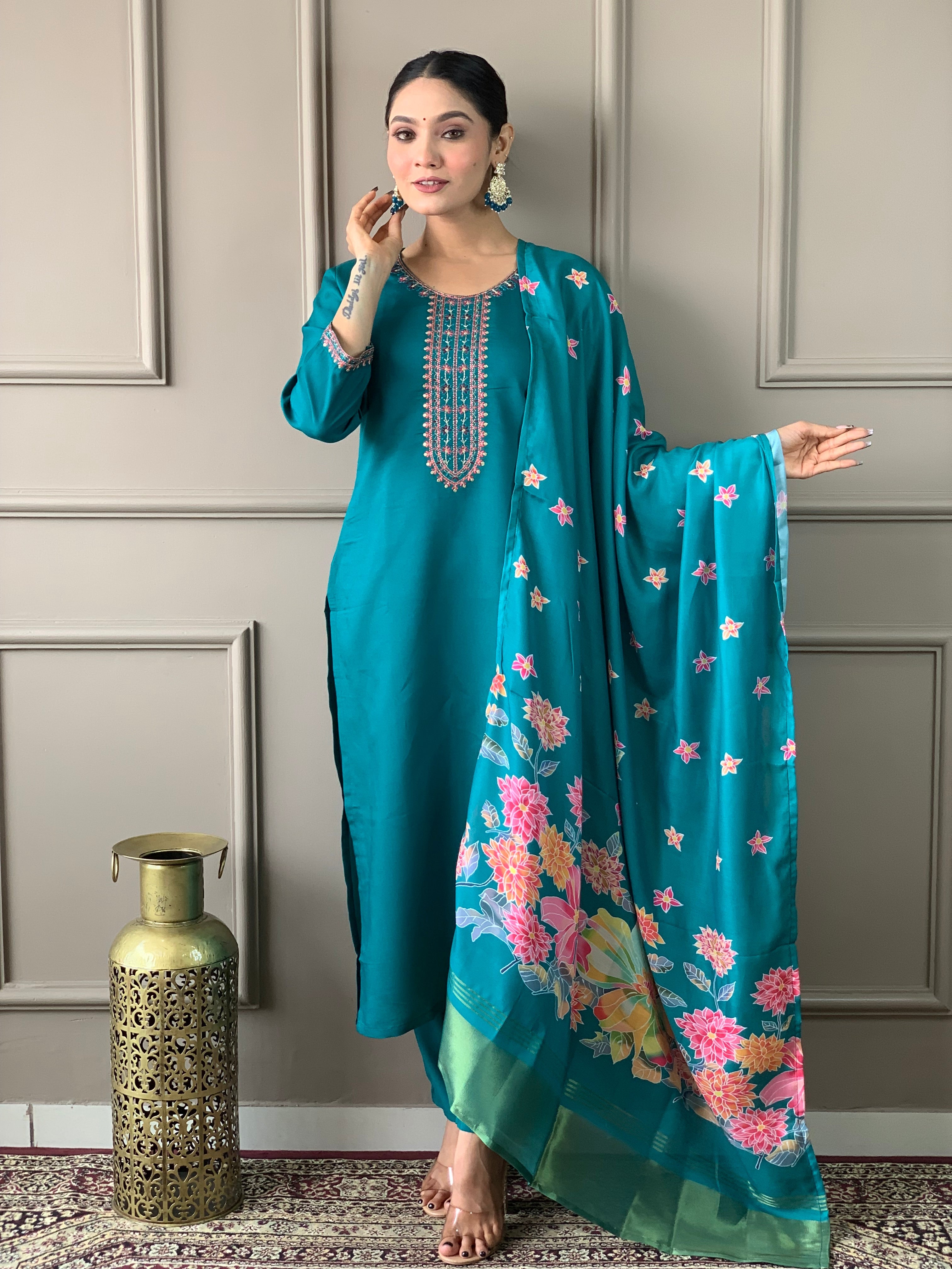 Women's Viscose Chanderi Embroidered Straight Kurta with Viscose Chanderi Pant & Viscose Chanderi Printed Dupatta Set