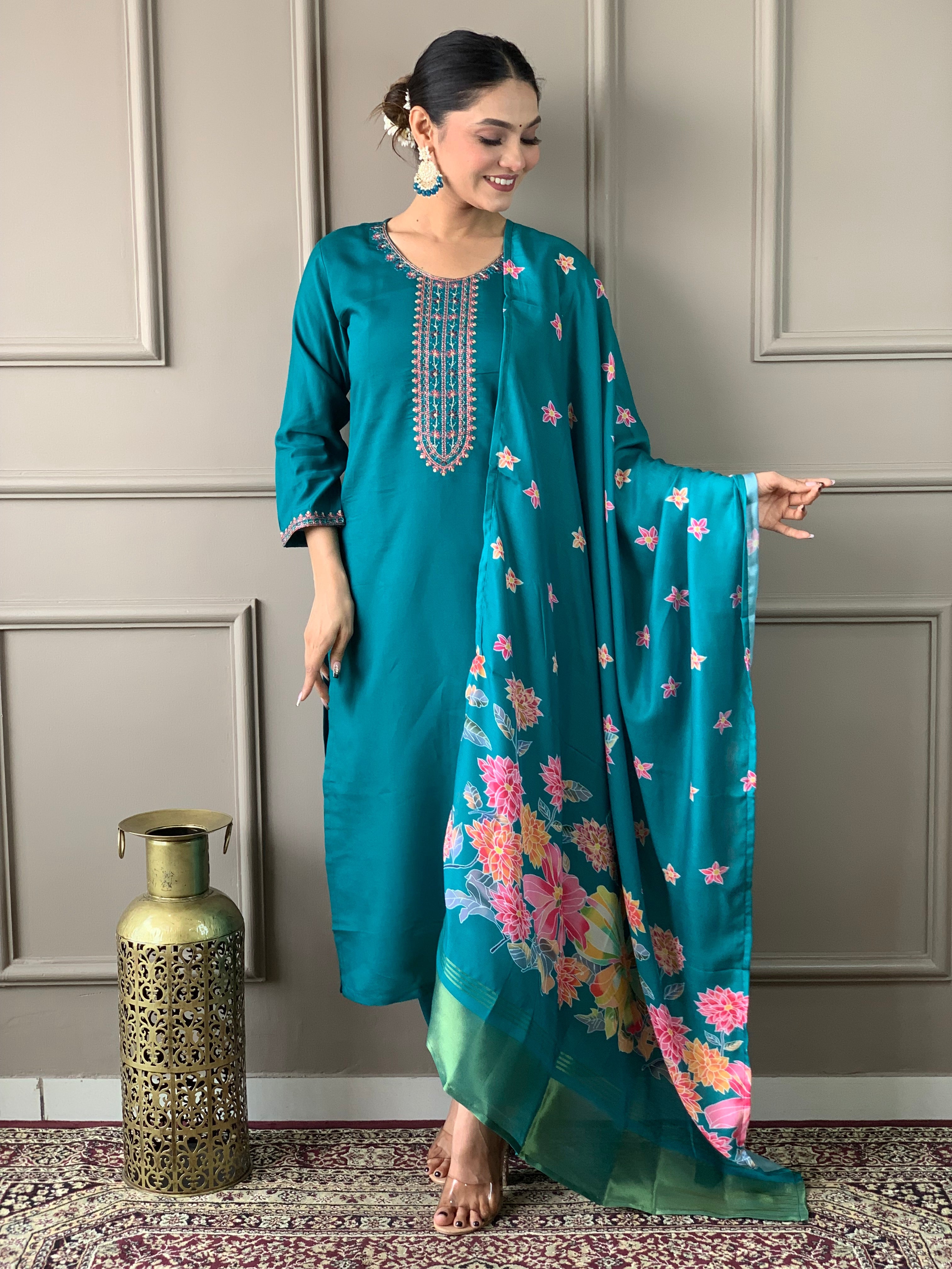 Women's Viscose Chanderi Embroidered Straight Kurta with Viscose Chanderi Pant & Viscose Chanderi Printed Dupatta Set
