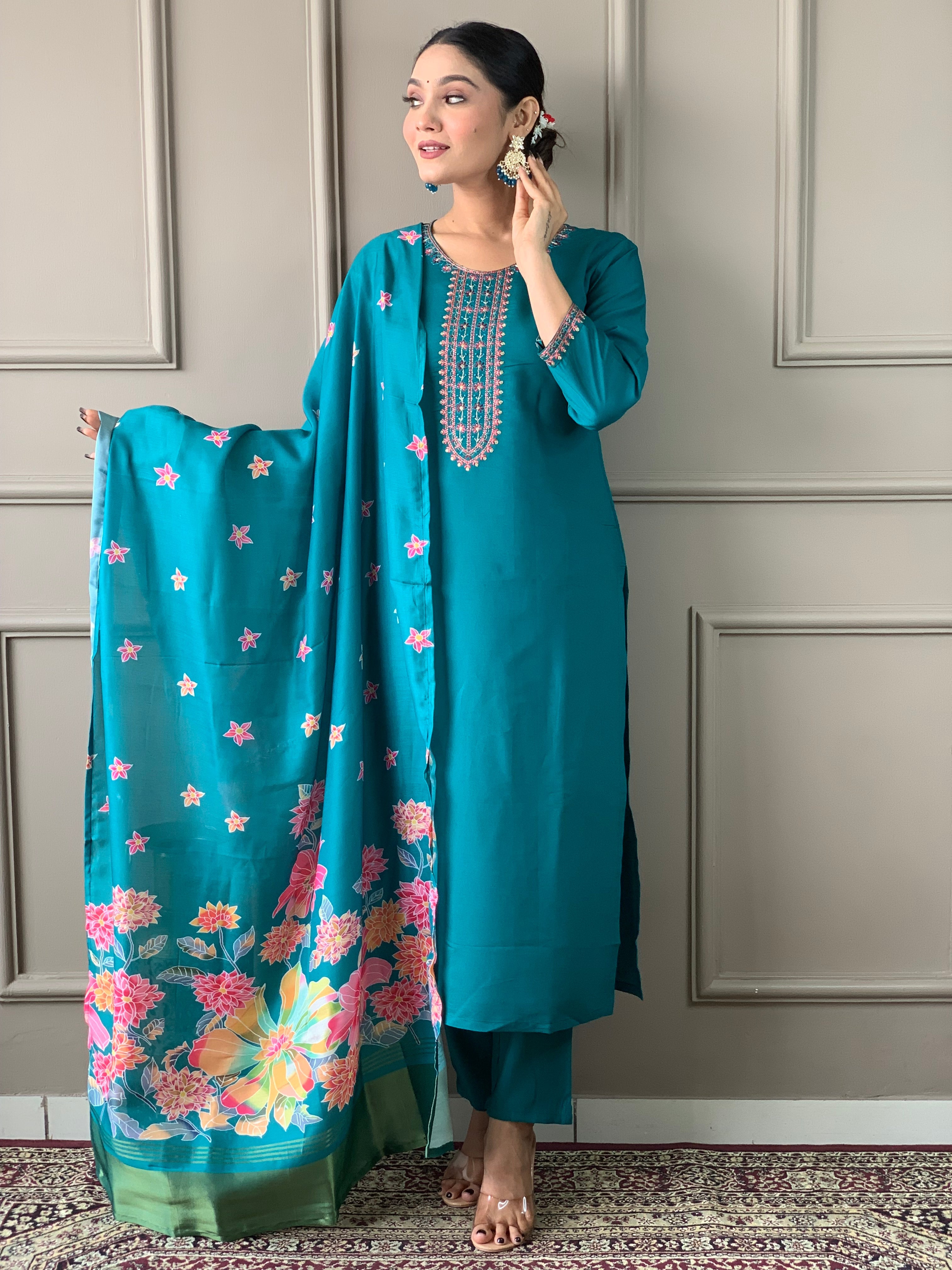 Women's Viscose Chanderi Embroidered Straight Kurta with Viscose Chanderi Pant & Viscose Chanderi Printed Dupatta Set