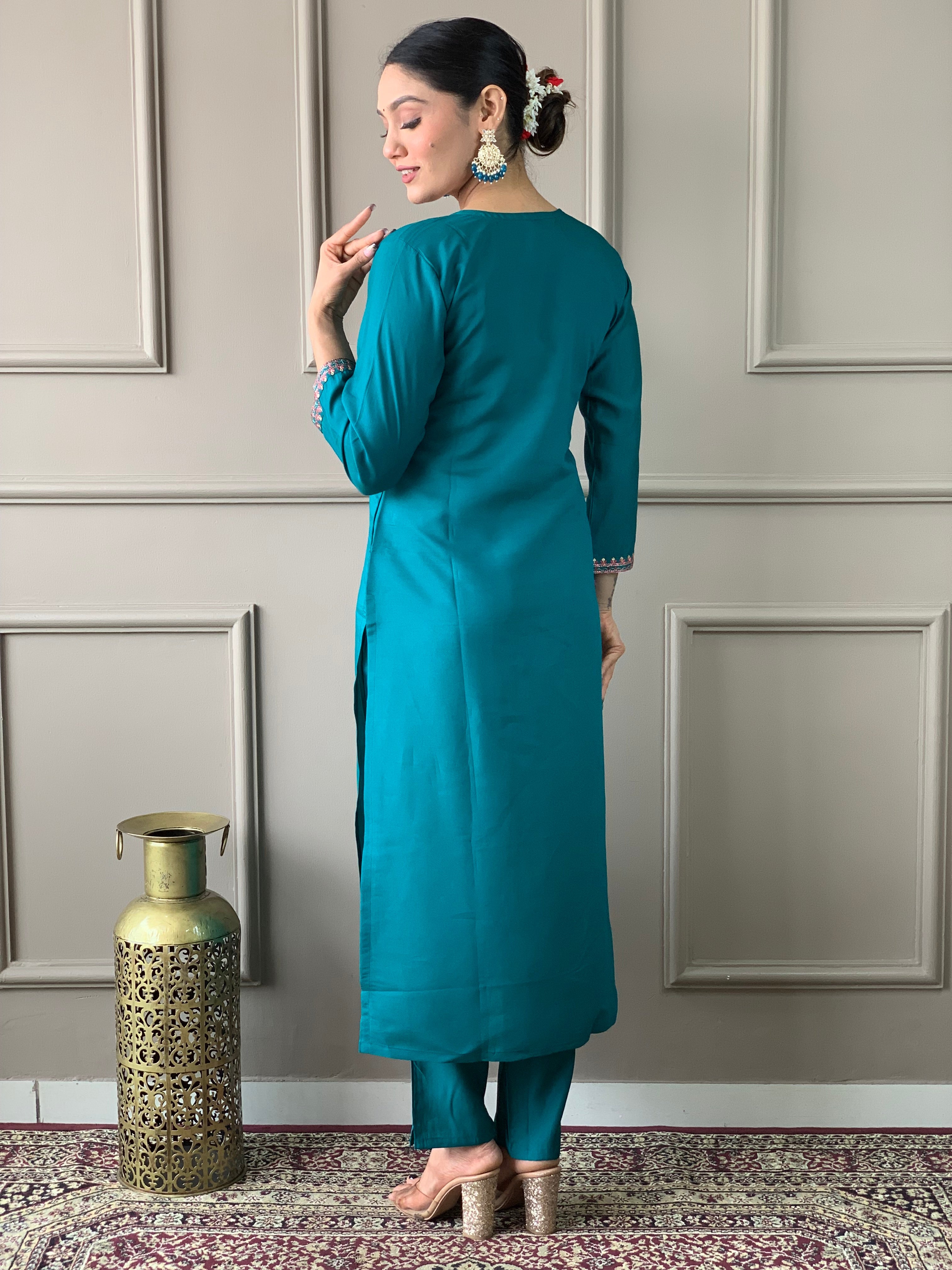 Women's Viscose Chanderi Embroidered Straight Kurta with Viscose Chanderi Pant & Viscose Chanderi Printed Dupatta Set