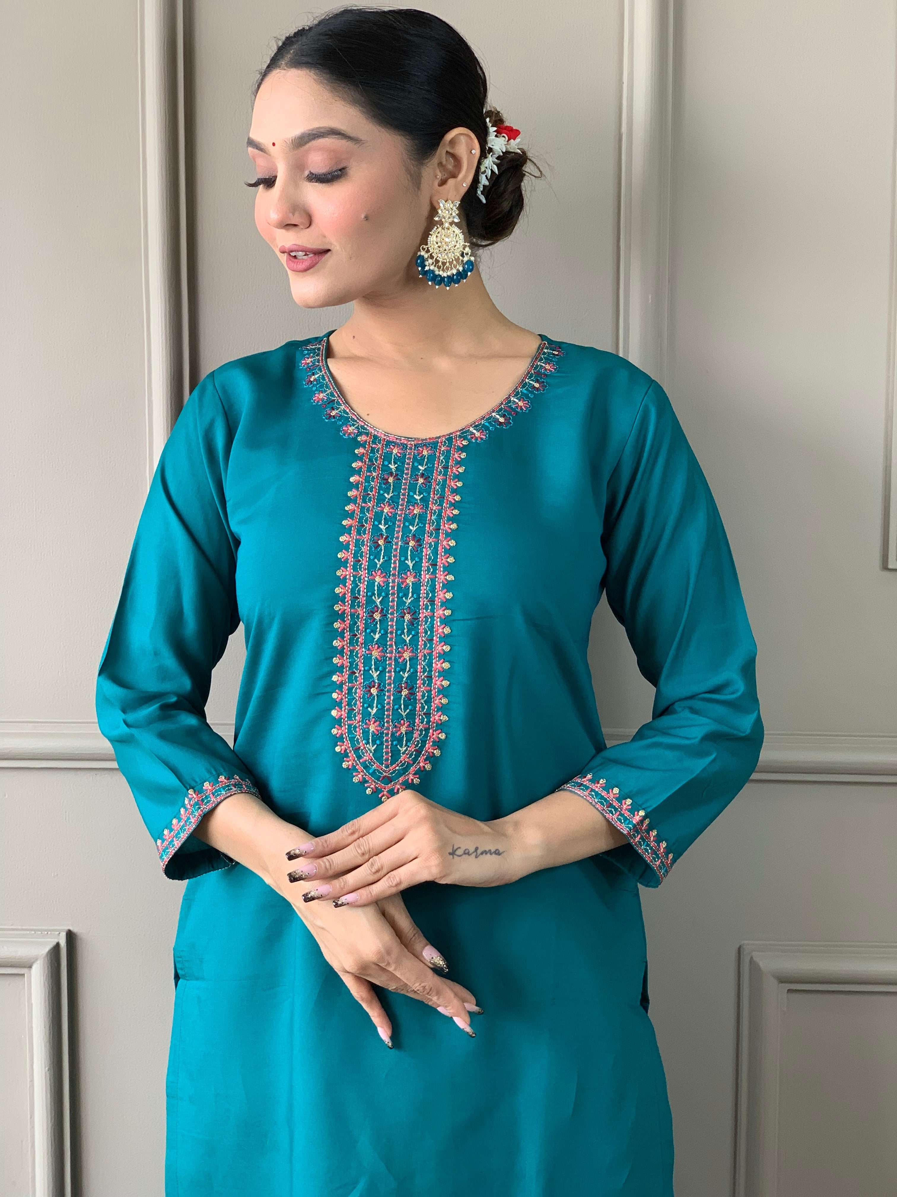 Women's Viscose Chanderi Embroidered Straight Kurta with Viscose Chanderi Pant & Viscose Chanderi Printed Dupatta Set