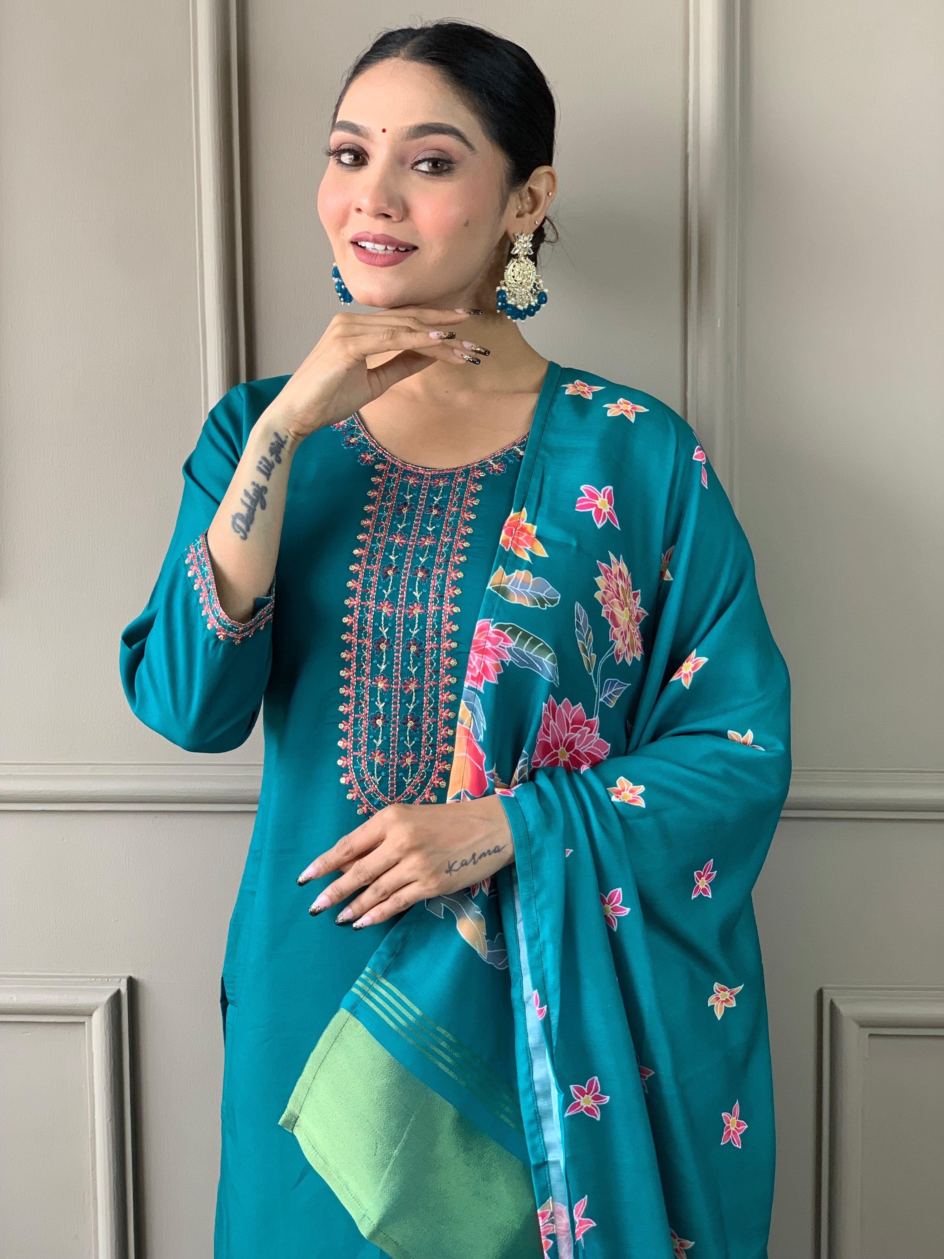 Women's Viscose Chanderi Embroidered Straight Kurta with Viscose Chanderi Pant & Viscose Chanderi Printed Dupatta Set