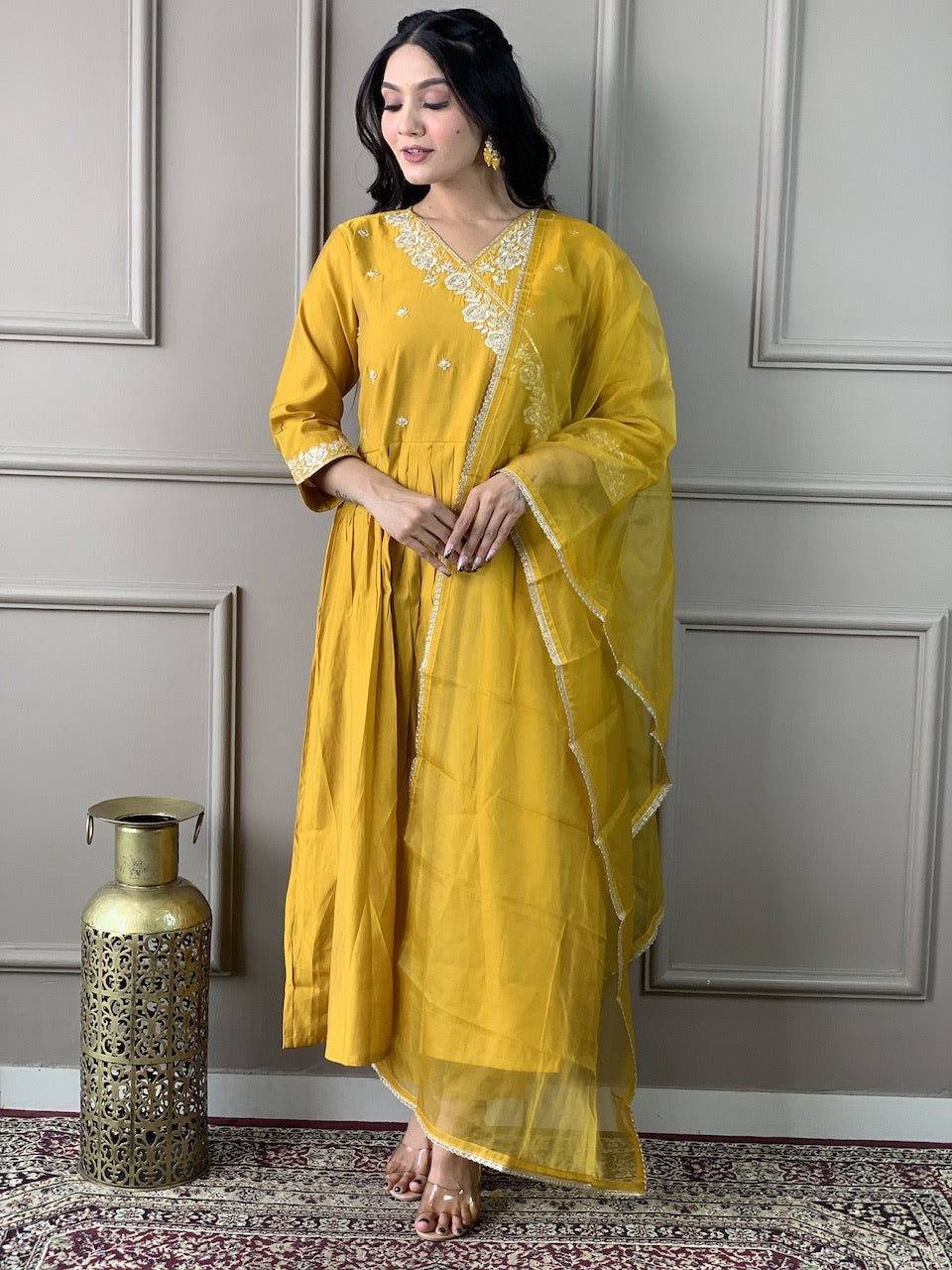Women's Viscose Chanderi Embroidered Straight Kurta with Viscose Chanderi Pant & Organza Dupatta Set
