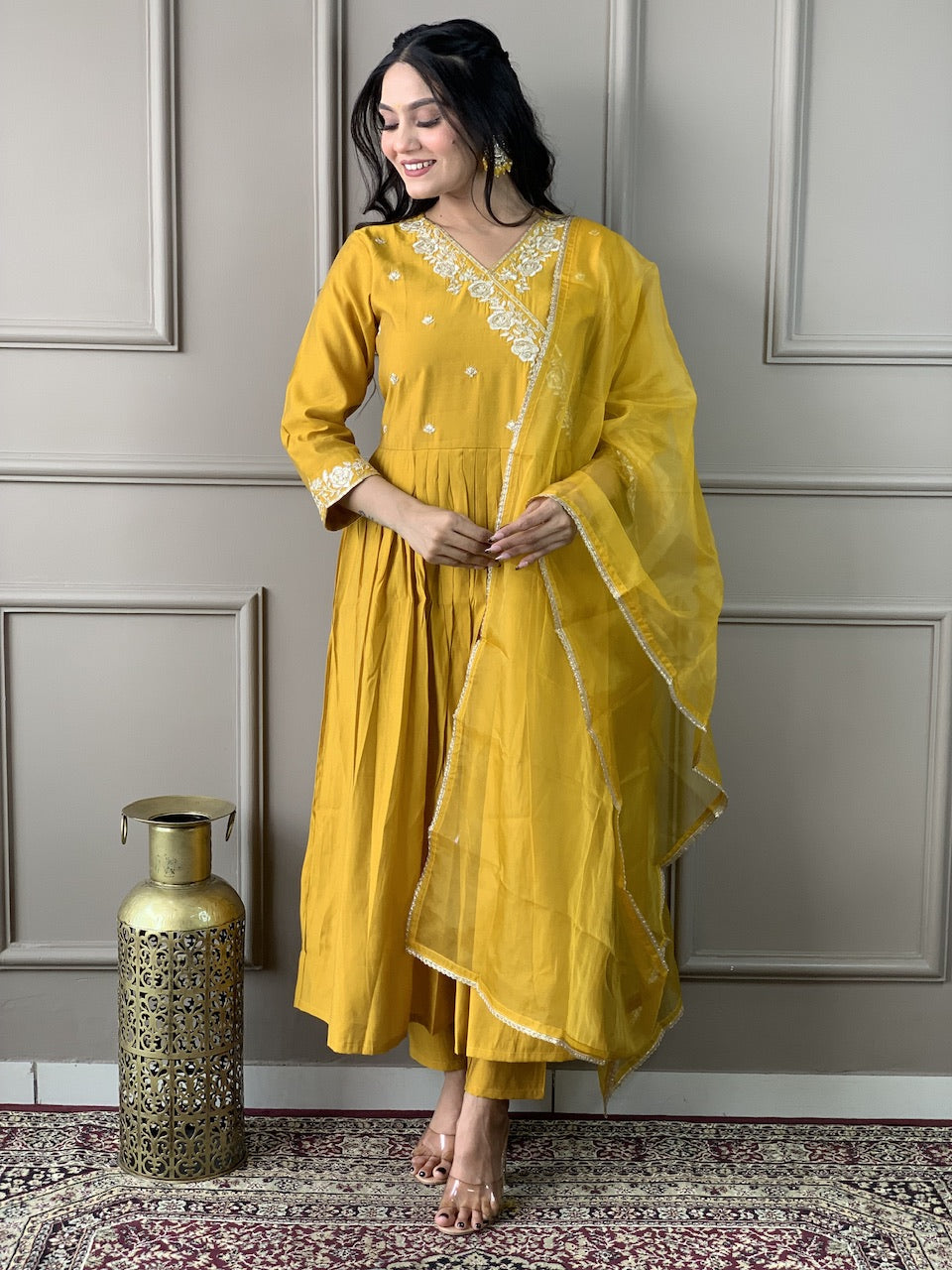 Women's Viscose Chanderi Embroidered Straight Kurta with Viscose Chanderi Pant & Organza Dupatta Set