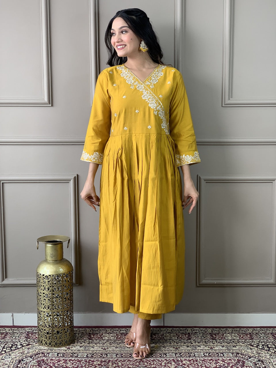 Women's Viscose Chanderi Embroidered Straight Kurta with Viscose Chanderi Pant & Organza Dupatta Set