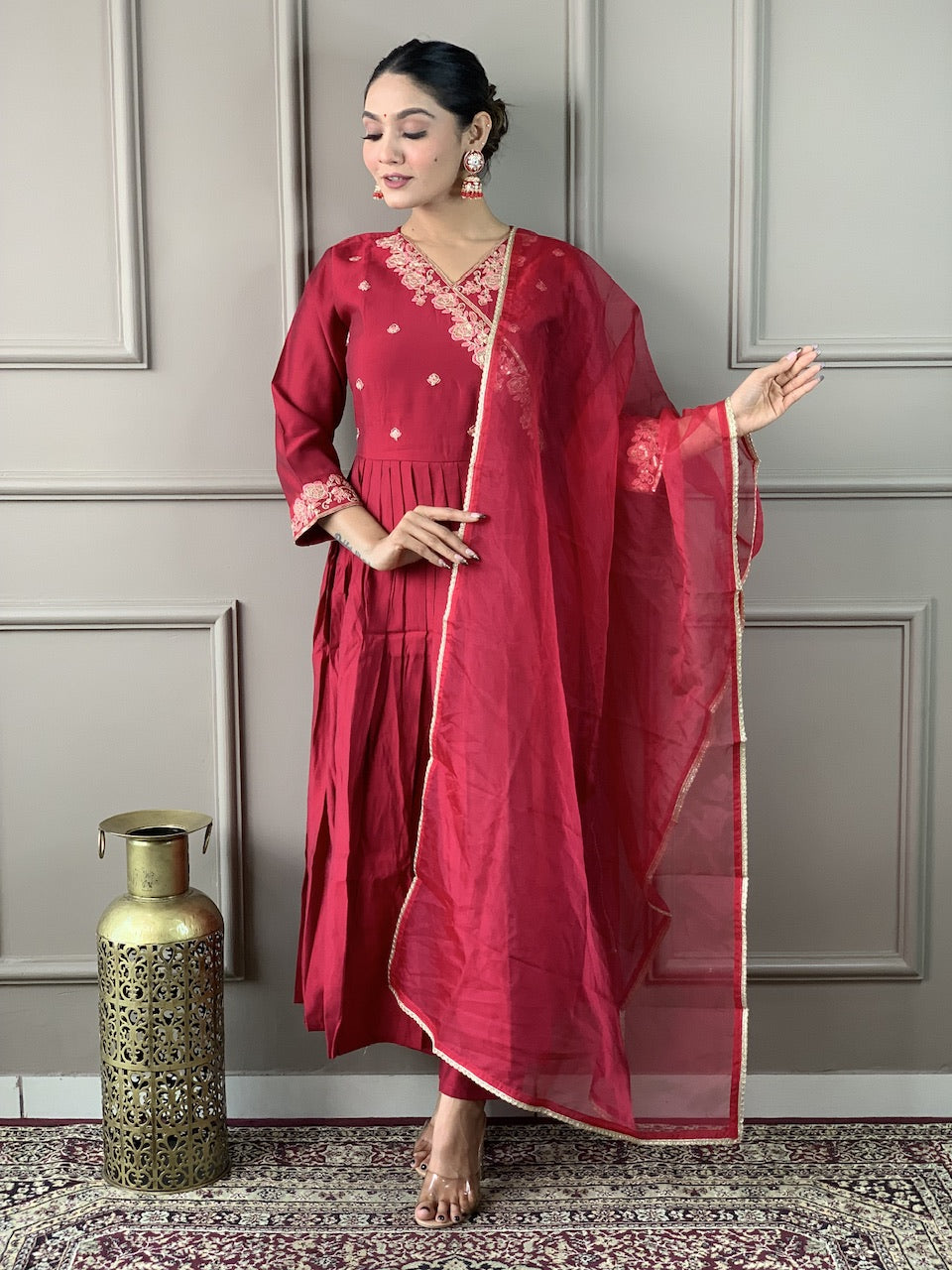 Women's Viscose Chanderi Embroidered Straight Kurta with Viscose Chanderi Pant & Organza Dupatta Set
