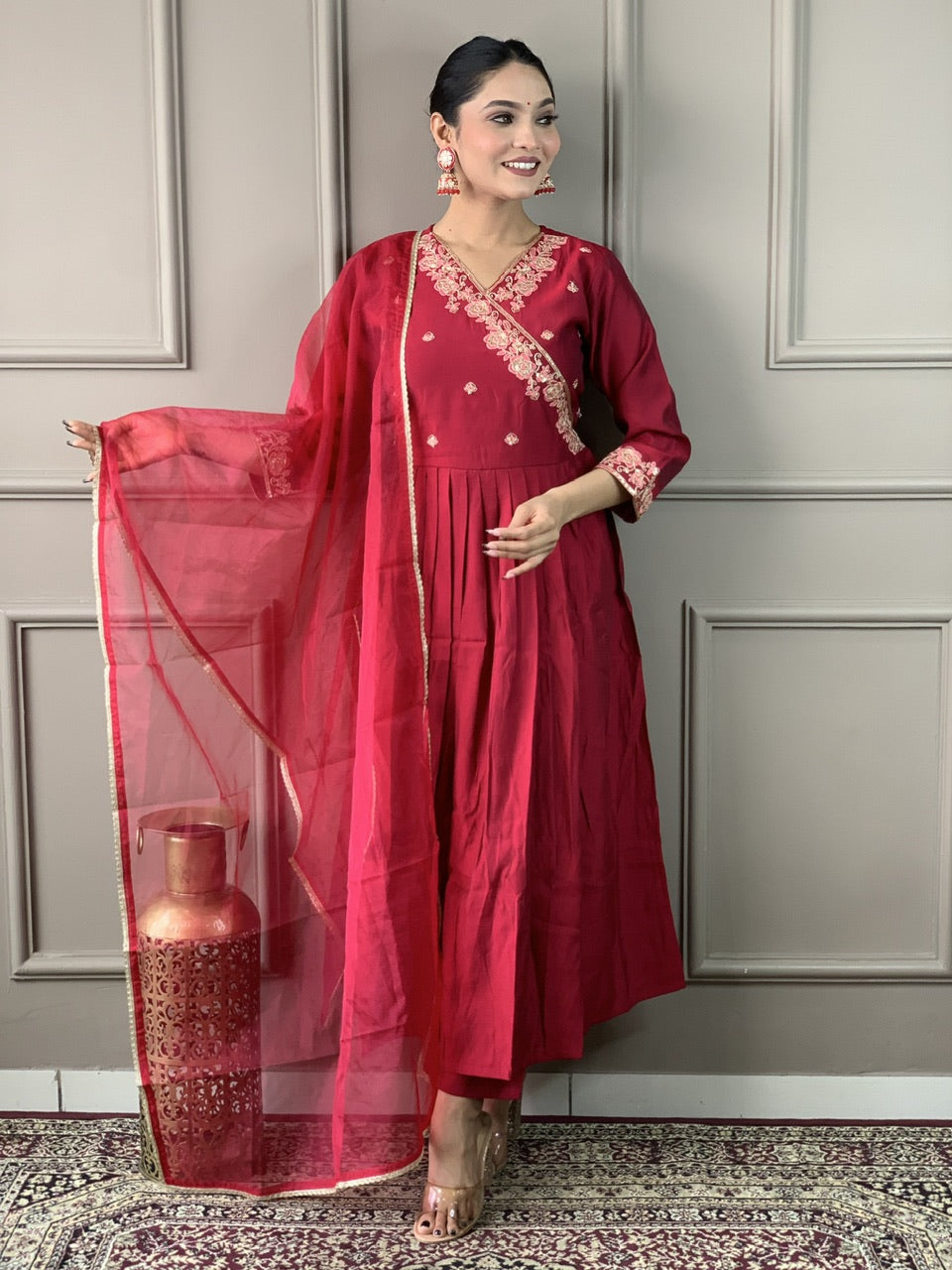 Women's Viscose Chanderi Embroidered Straight Kurta with Viscose Chanderi Pant & Organza Dupatta Set