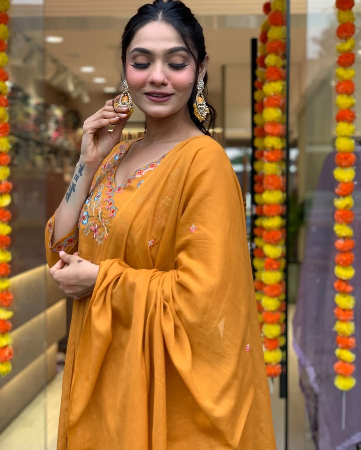 Mustard Viscose Anarkali Kurti Set with Embroidered Dupatta