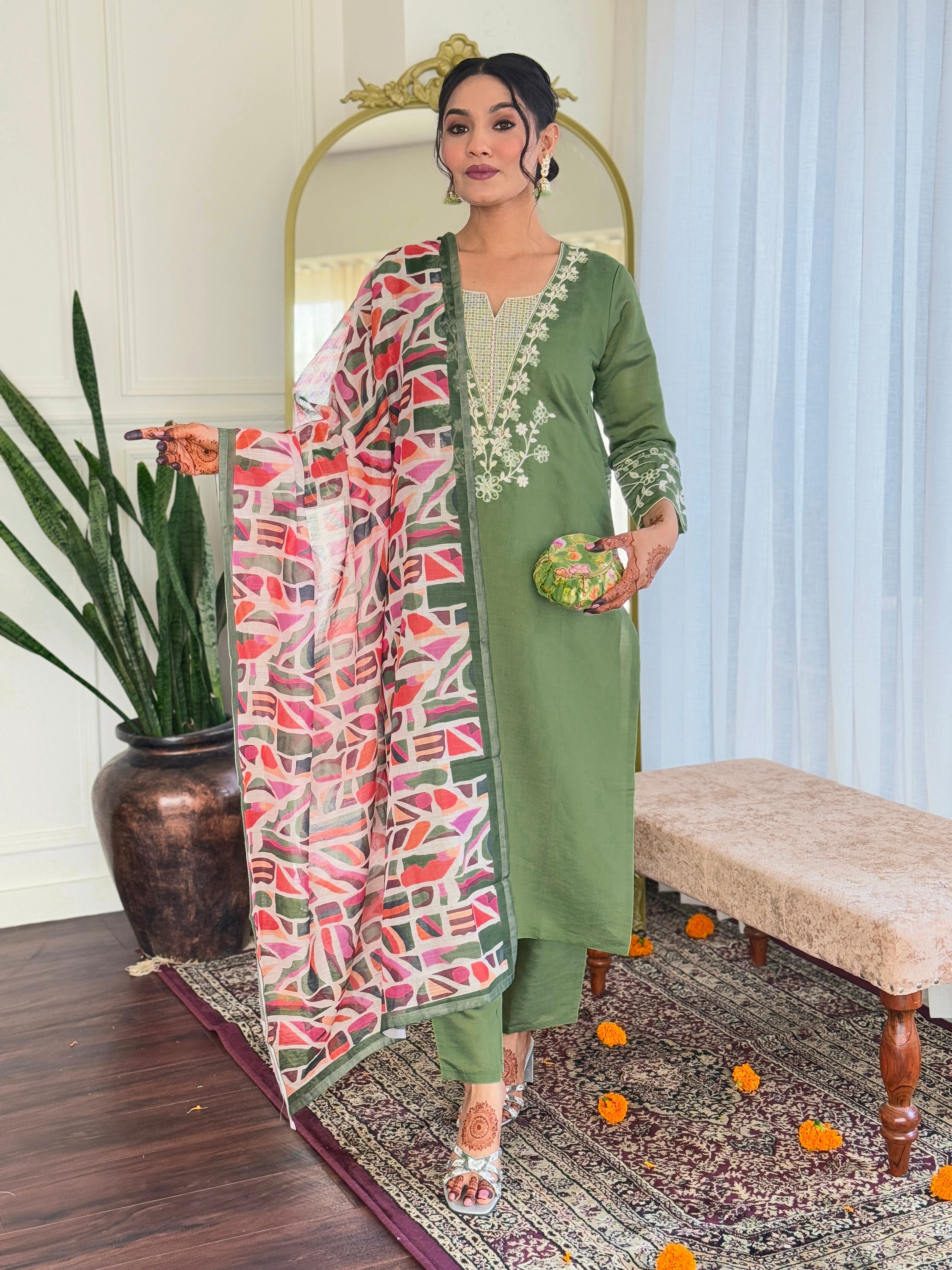 Beautiful Pista Green Embroidered Viscose Traditional Pant Suit