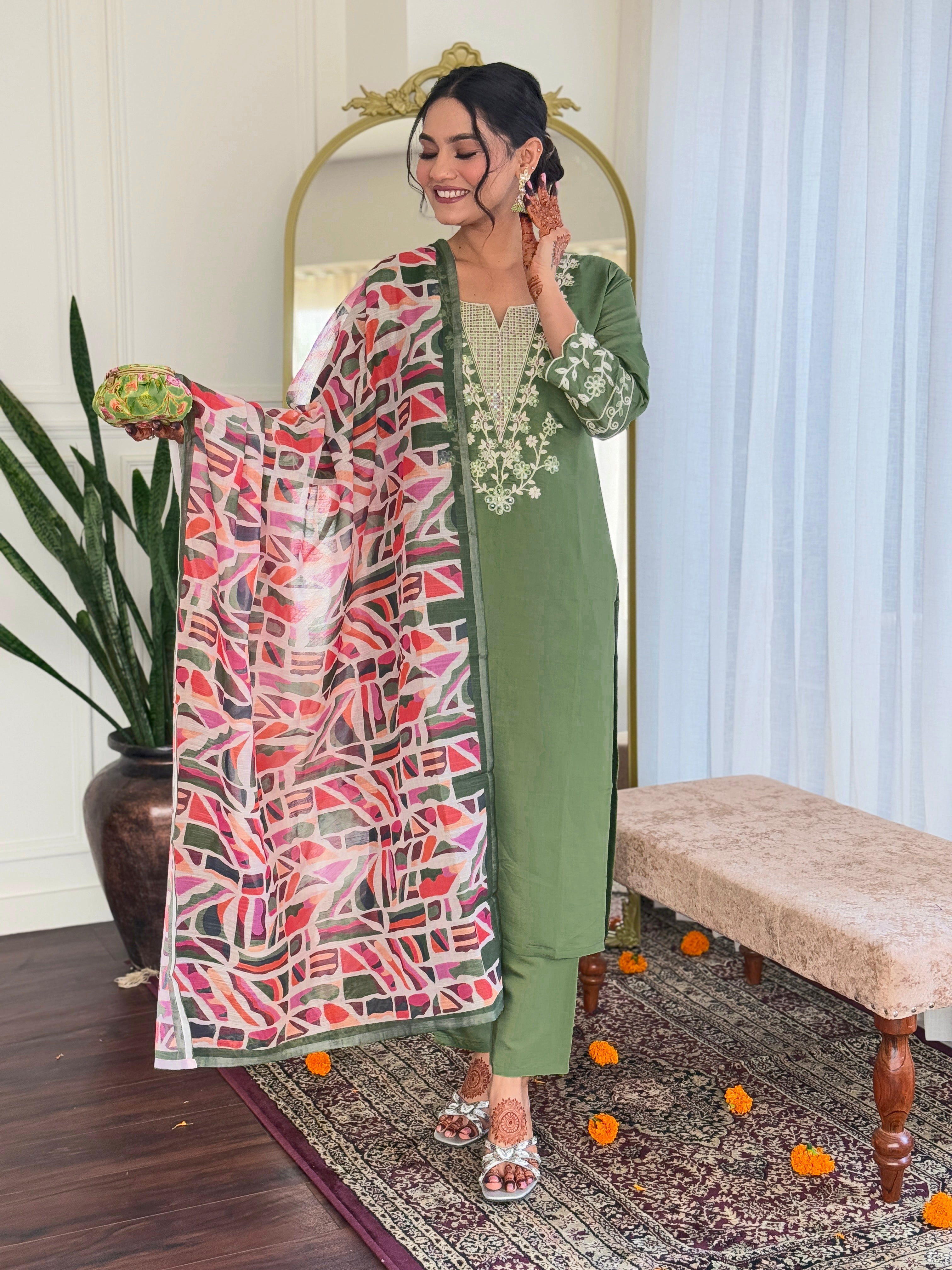 Beautiful Pista Green Embroidered Viscose Traditional Pant Suit