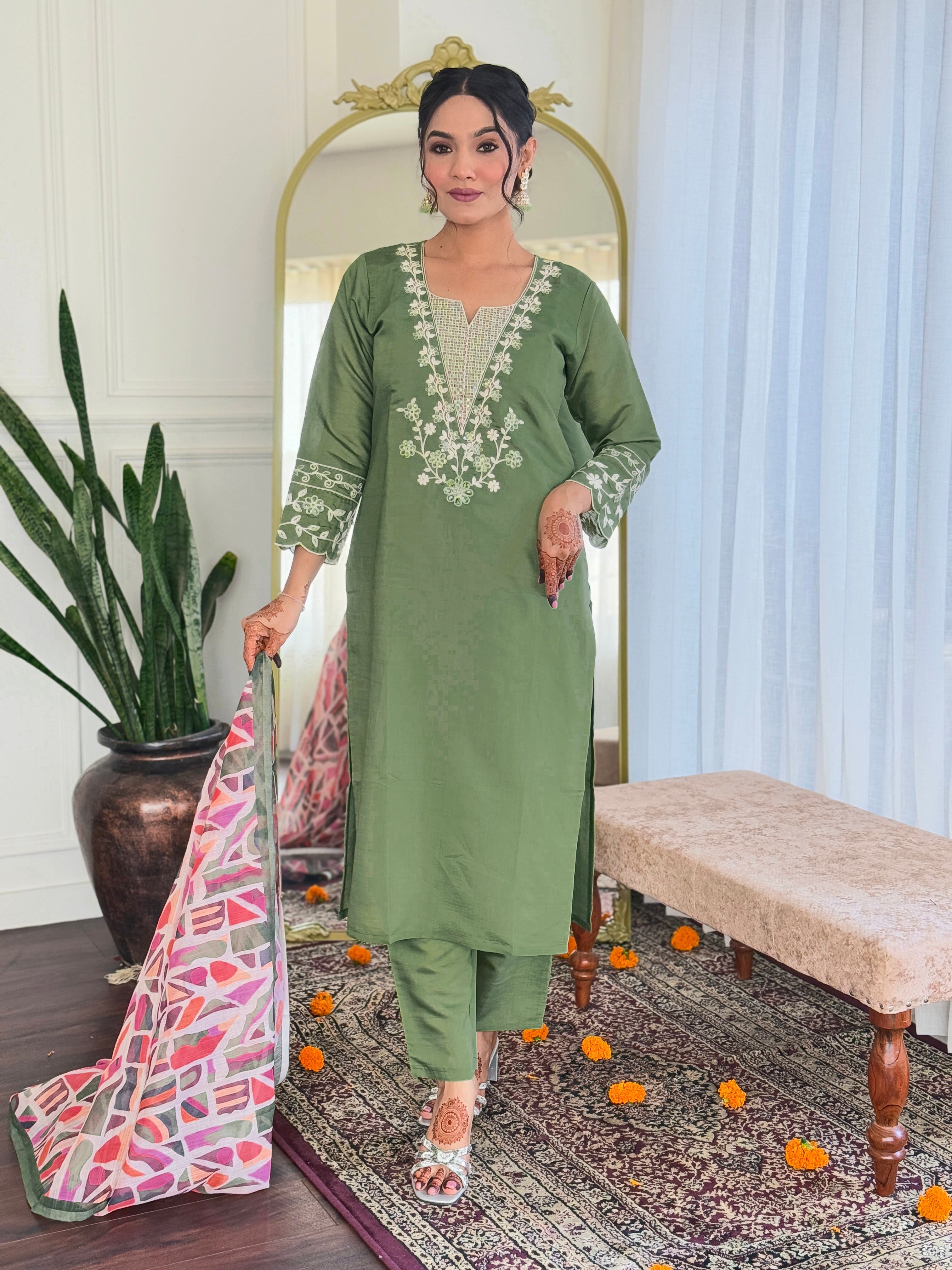 Beautiful Pista Green Embroidered Viscose Traditional Pant Suit