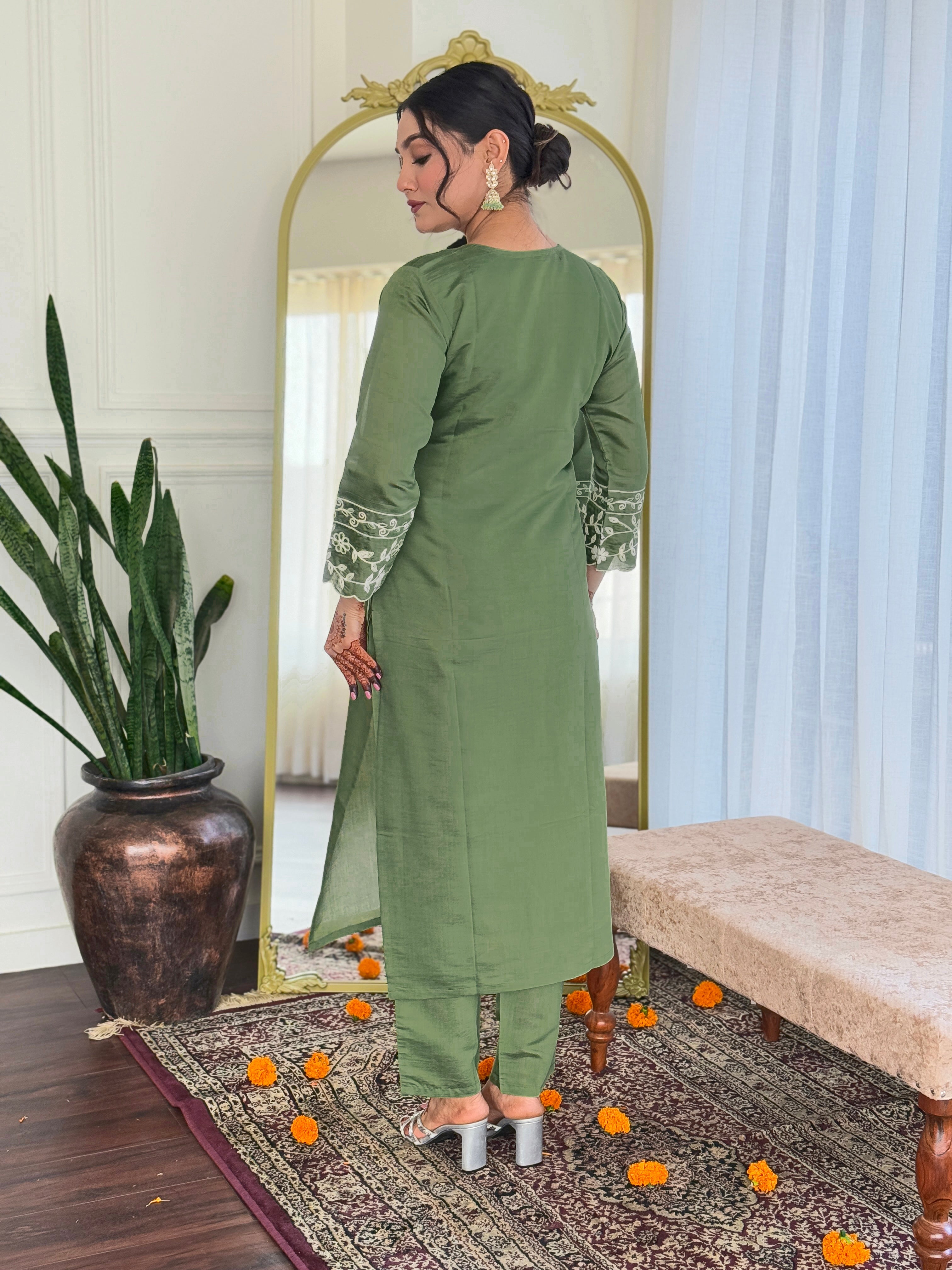 Beautiful Pista Green Embroidered Viscose Traditional Pant Suit