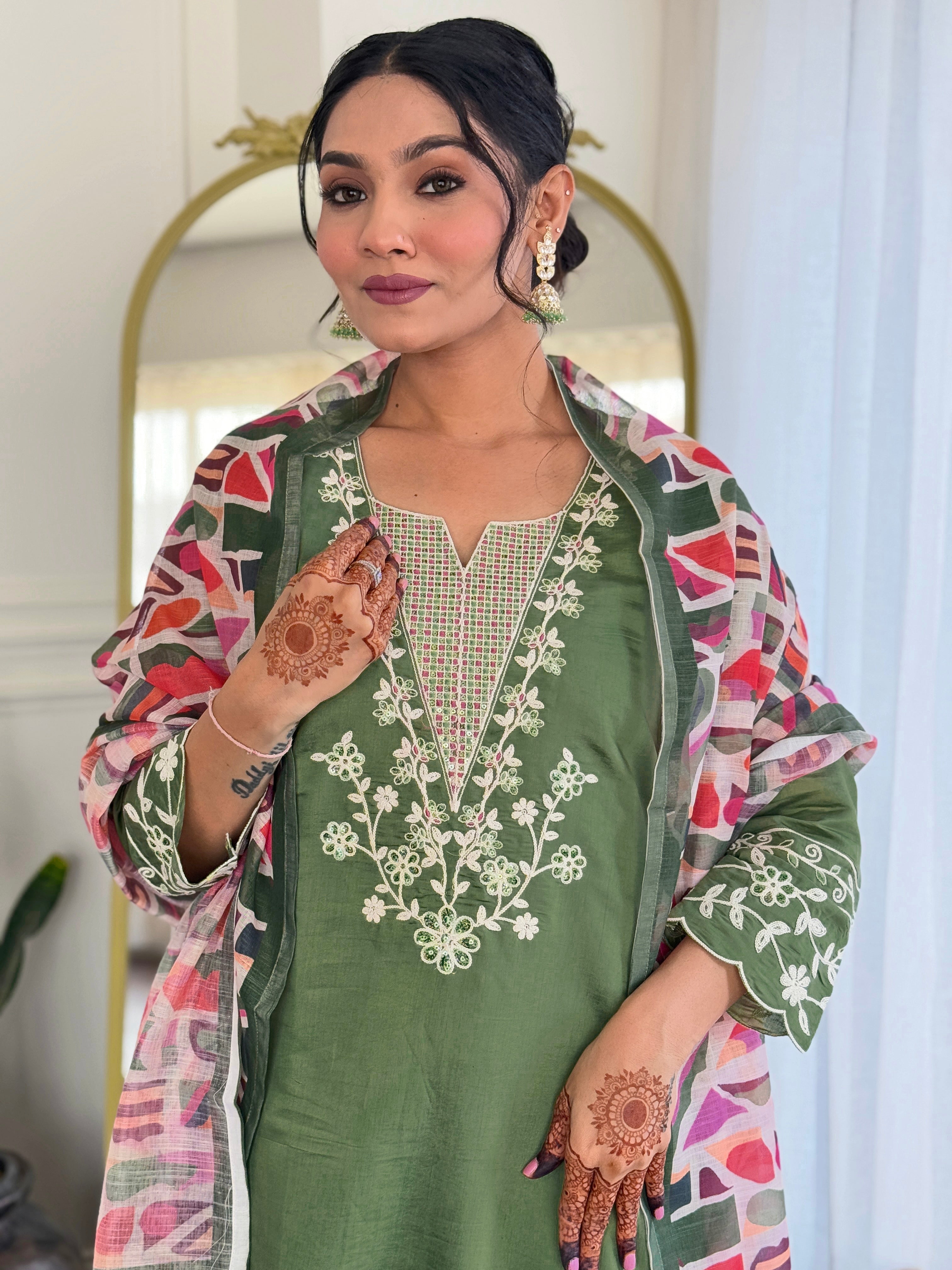 Beautiful Pista Green Embroidered Viscose Traditional Pant Suit