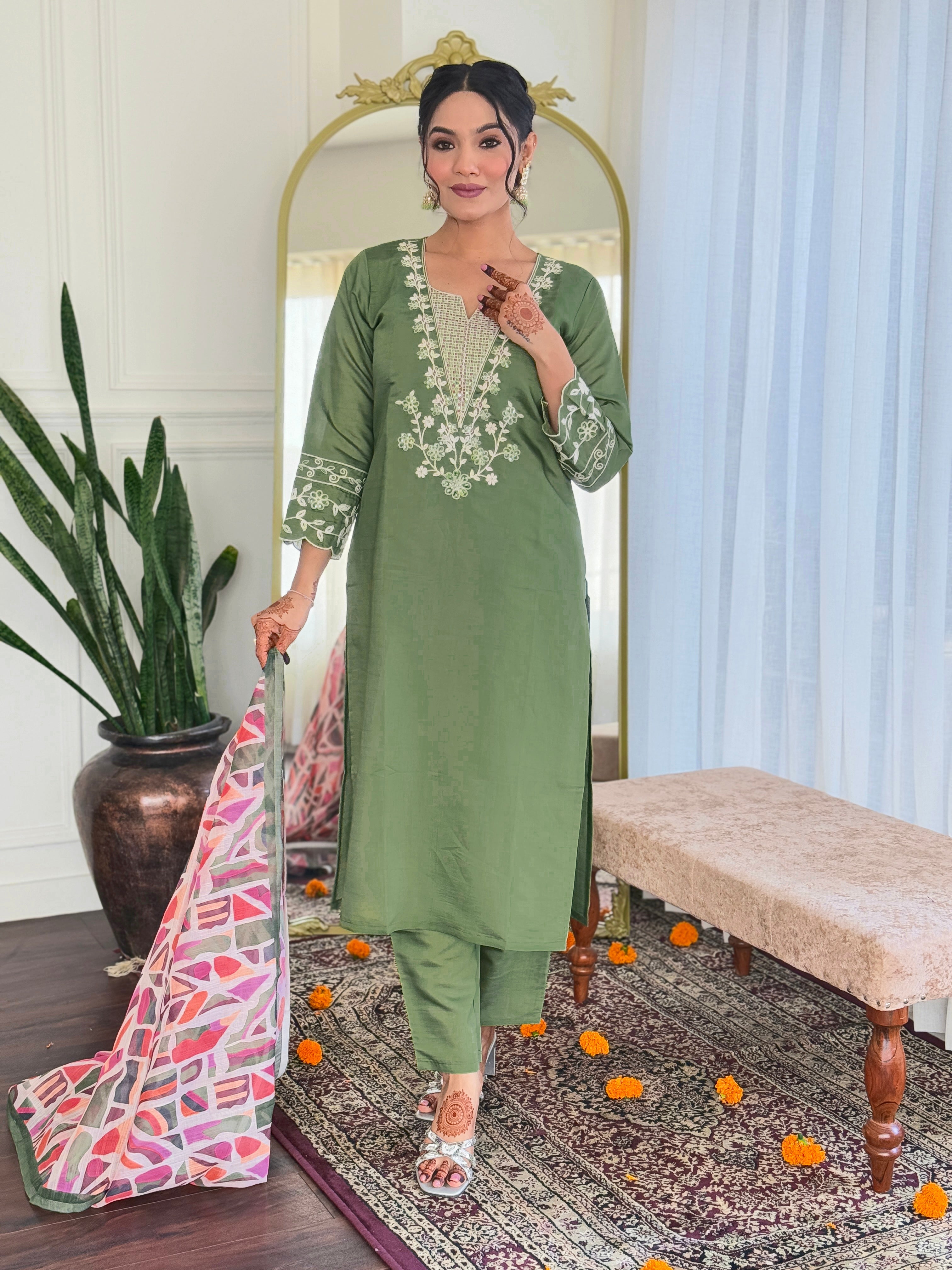 Beautiful Pista Green Embroidered Viscose Traditional Pant Suit