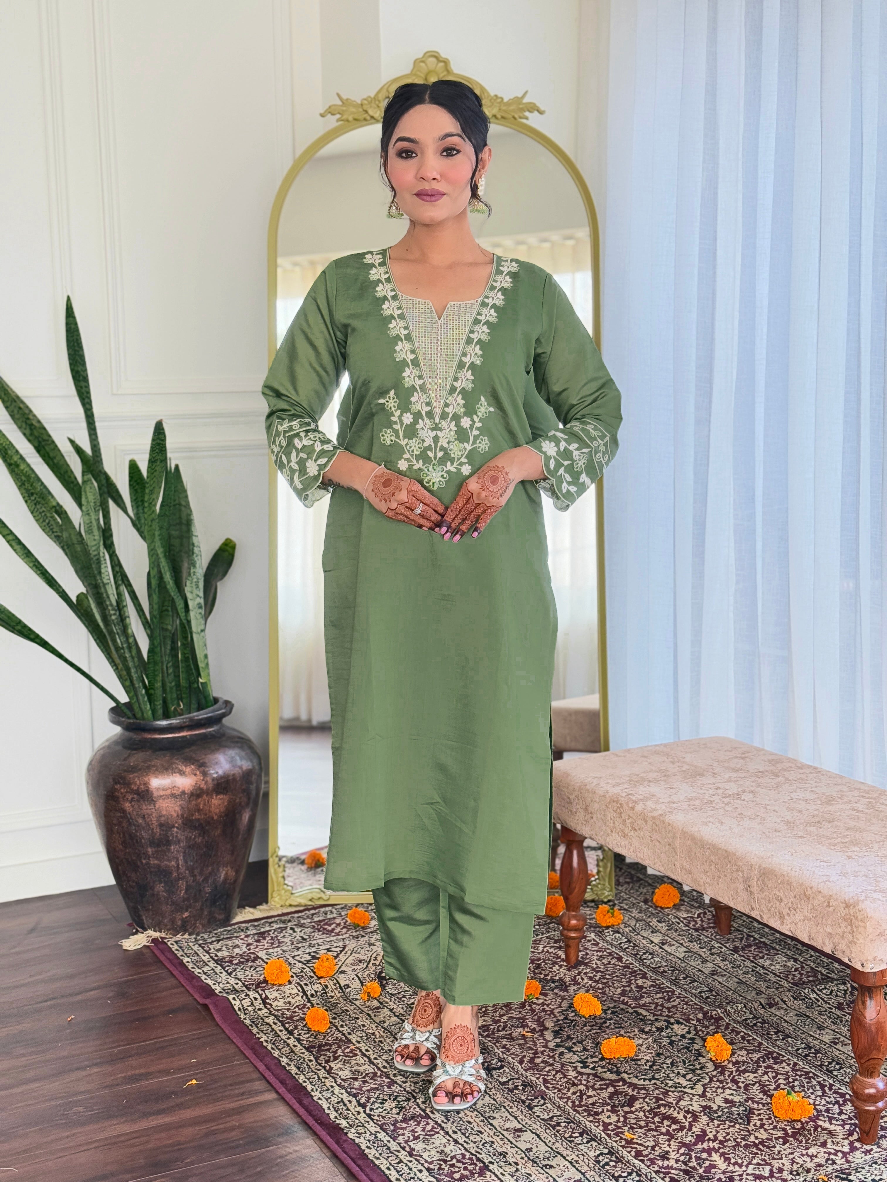Beautiful Pista Green Embroidered Viscose Traditional Pant Suit