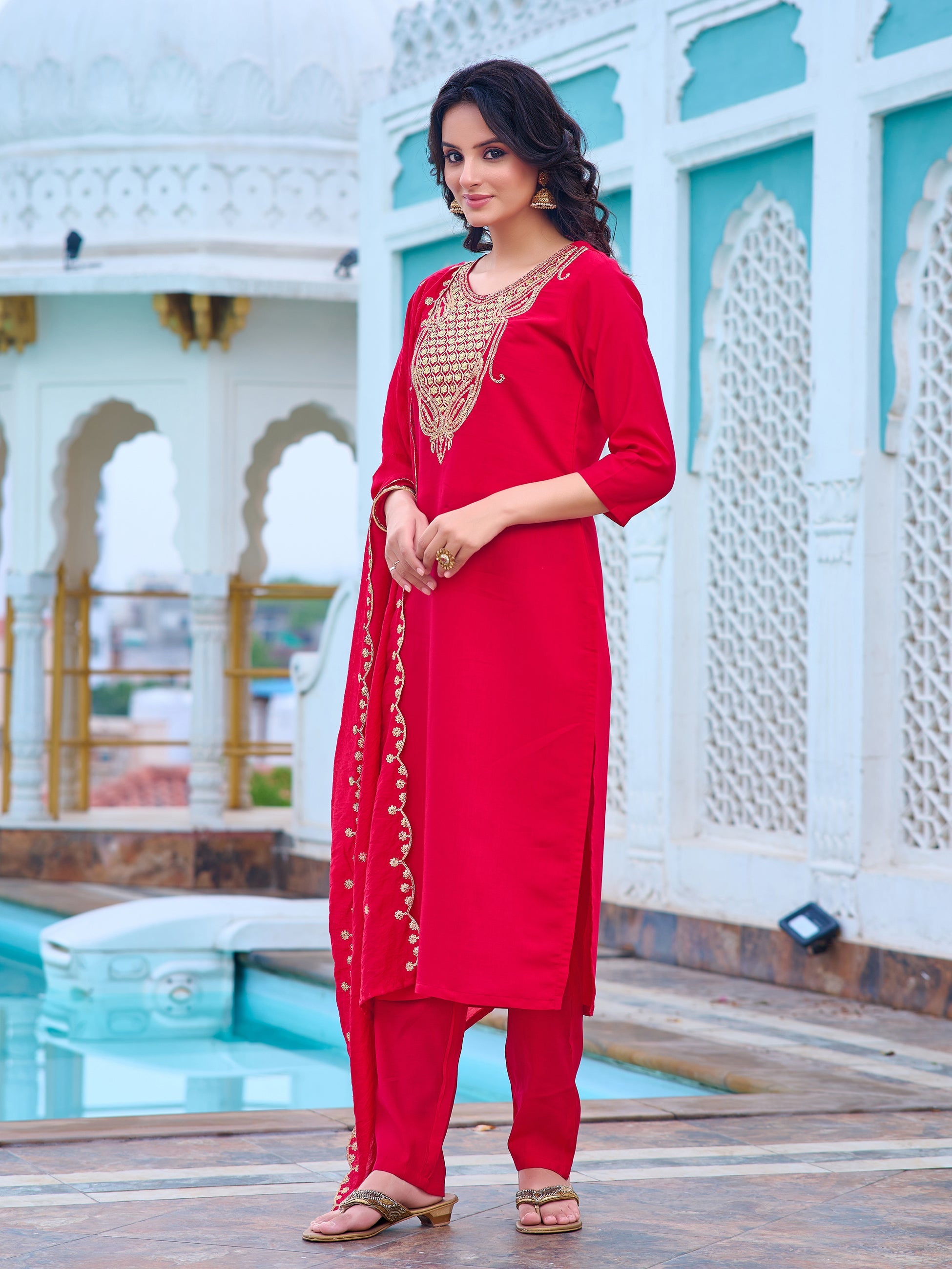 Women's Viscose Chanderi Kurta Sharara Set with Dupatta