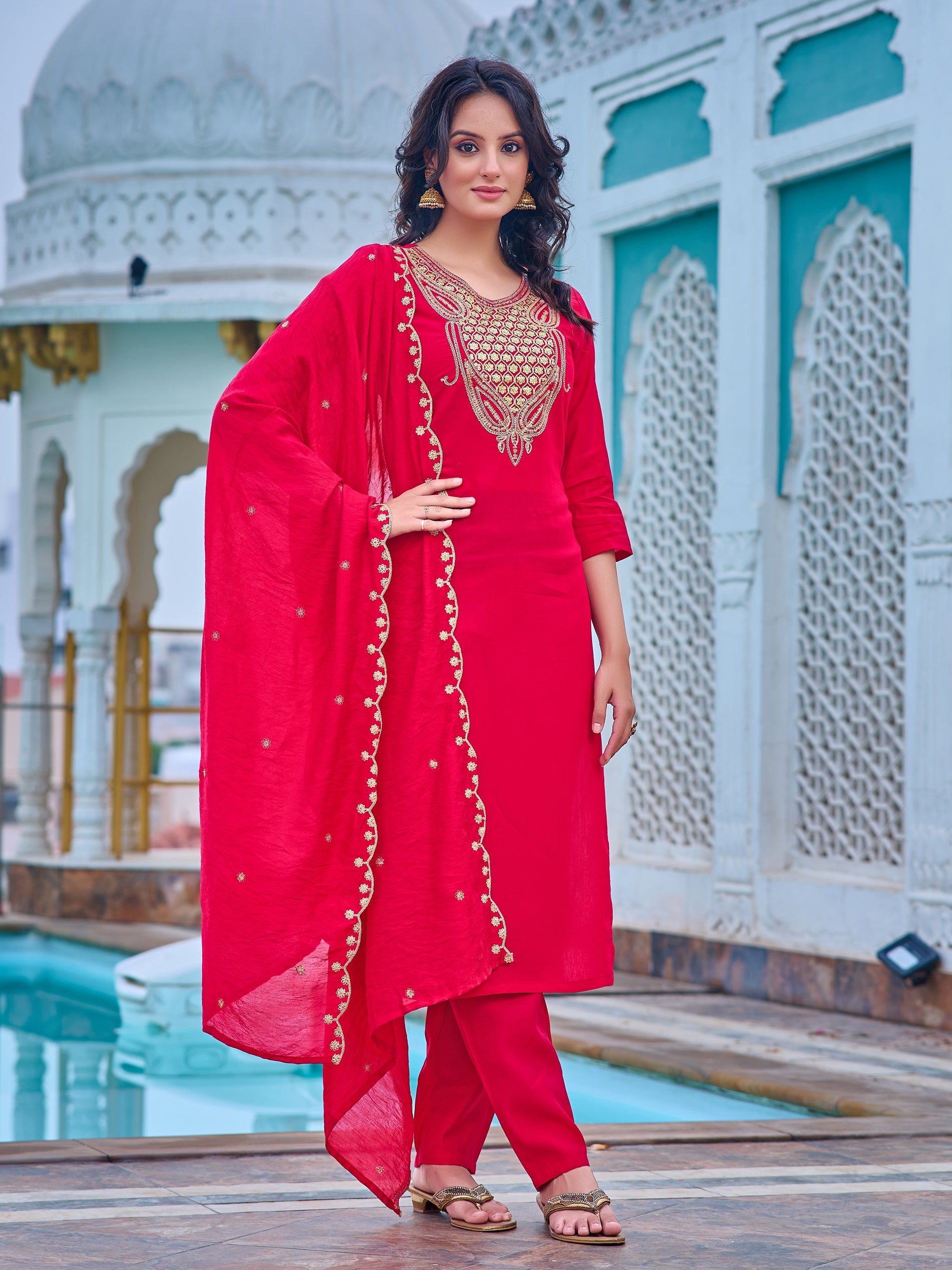Women's Viscose Chanderi Kurta Sharara Set with Dupatta