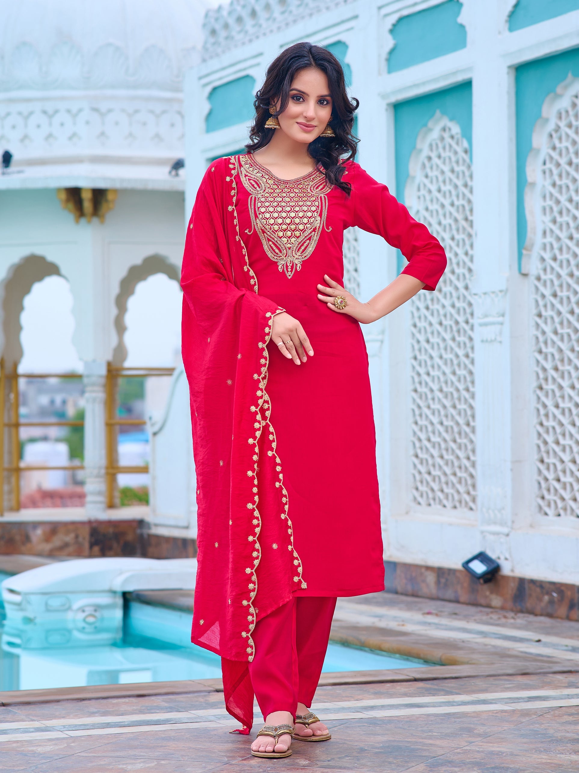 Women's Viscose Chanderi Kurta Sharara Set with Dupatta
