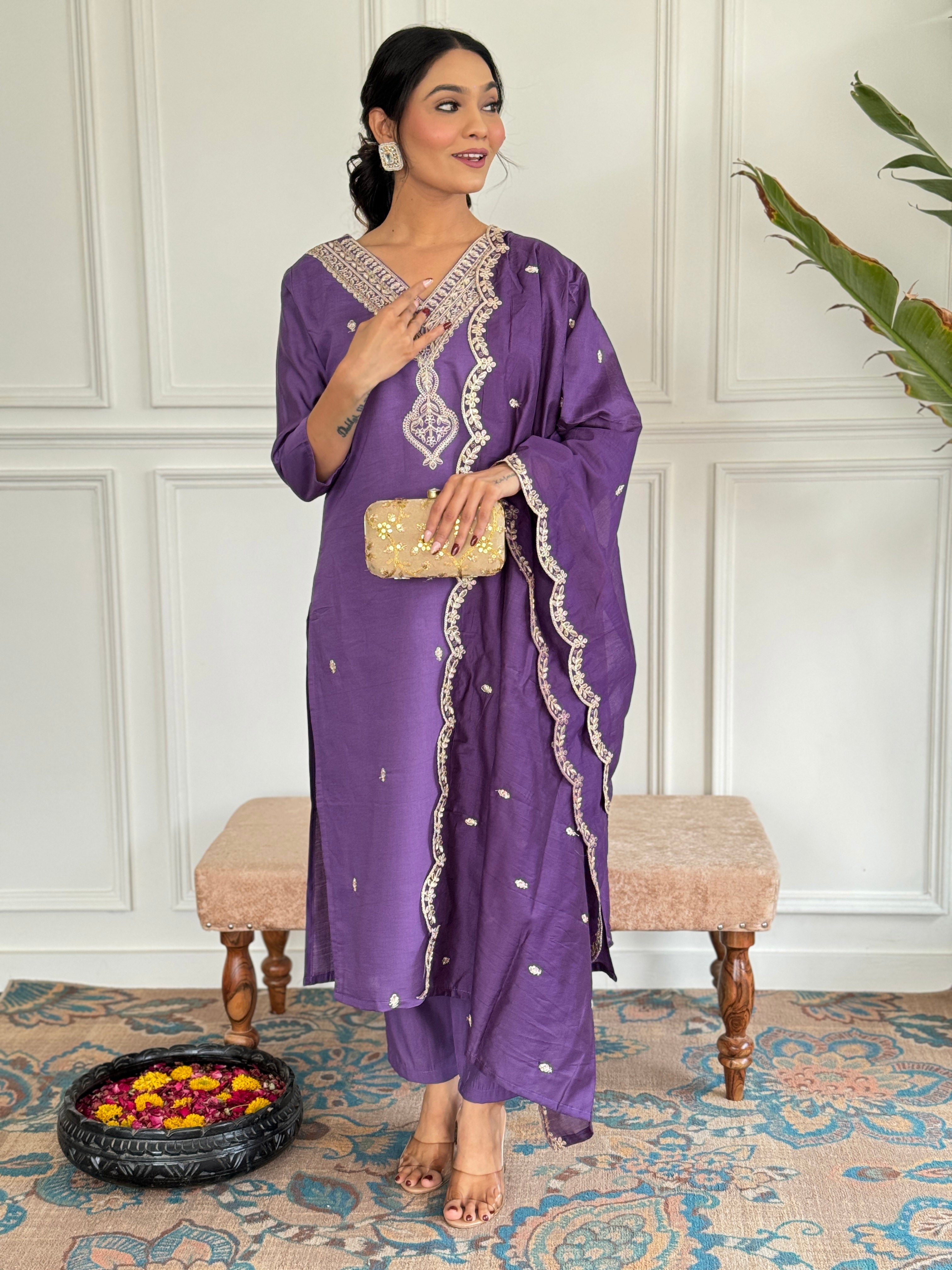 Women's Viscose Chanderi Kurta  Set with Dupatta  & V Neck
