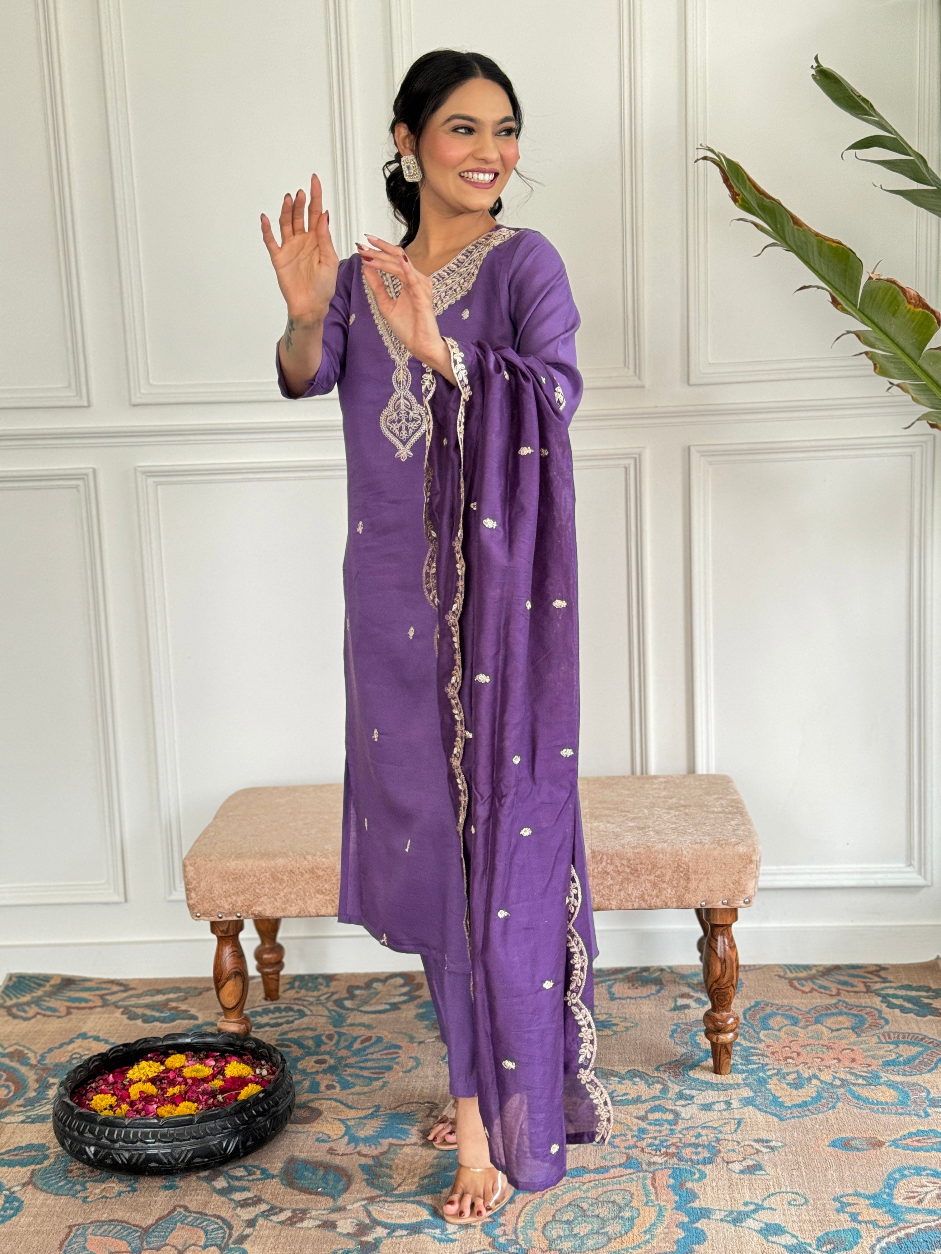 Women's Viscose Chanderi Kurta  Set with Dupatta  & V Neck