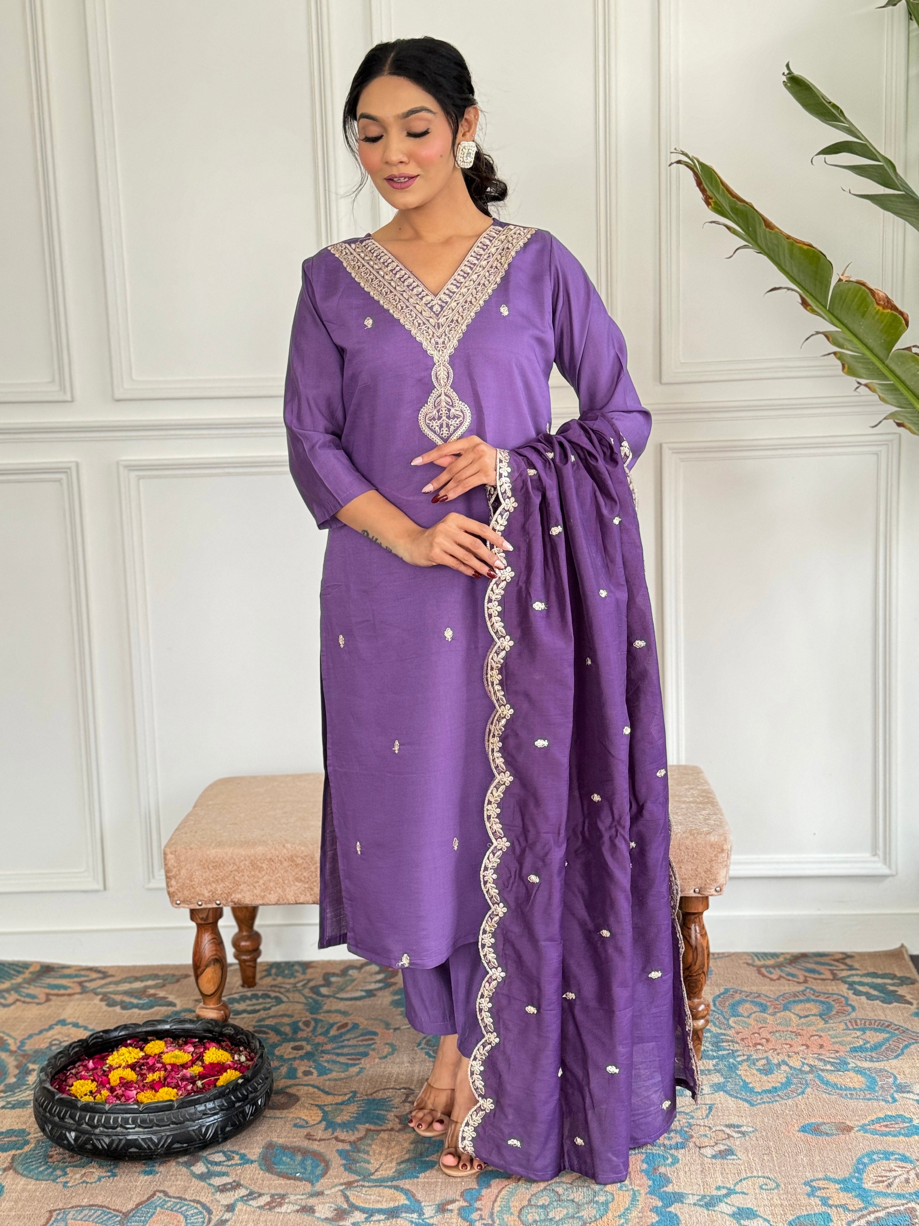 Women's Viscose Chanderi Kurta  Set with Dupatta  & V Neck