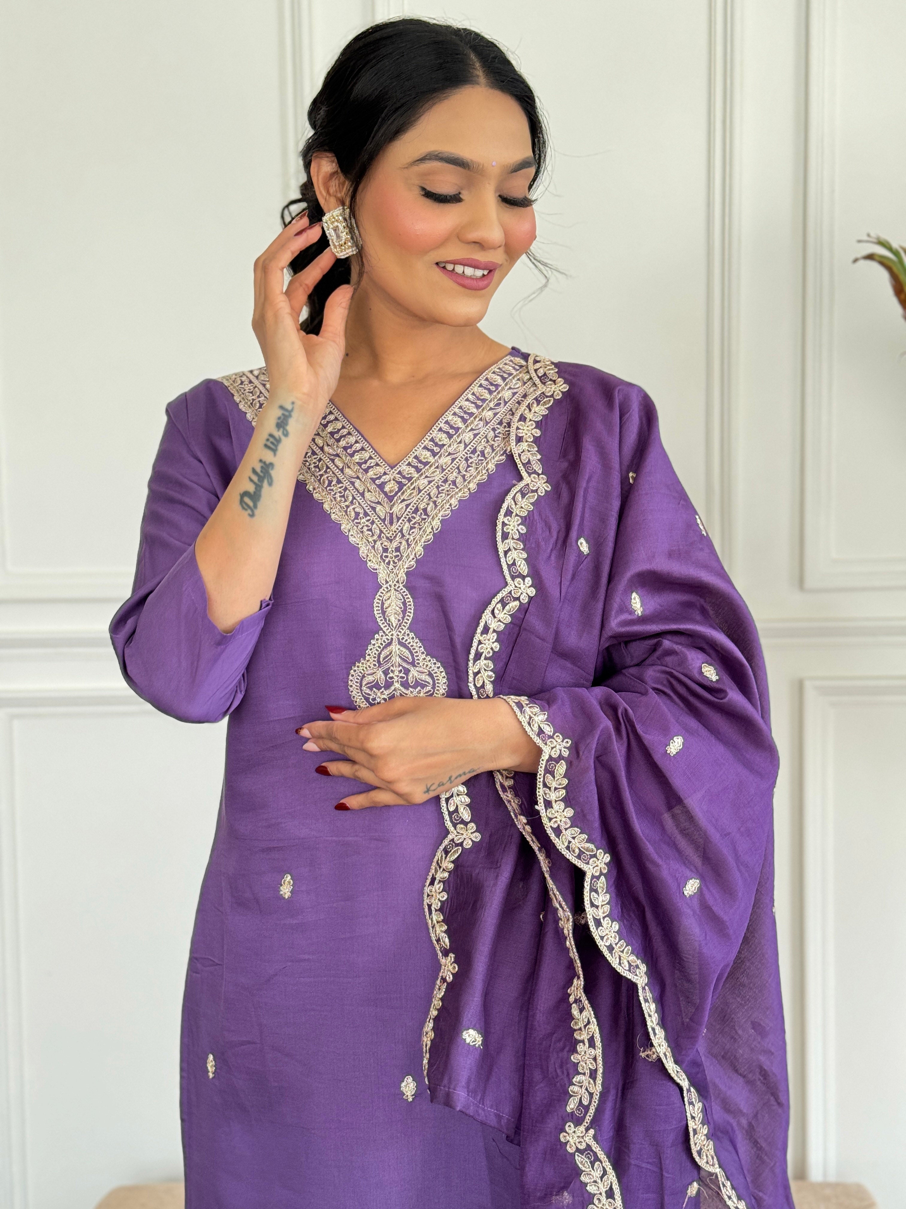 Women's Viscose Chanderi Kurta  Set with Dupatta  & V Neck