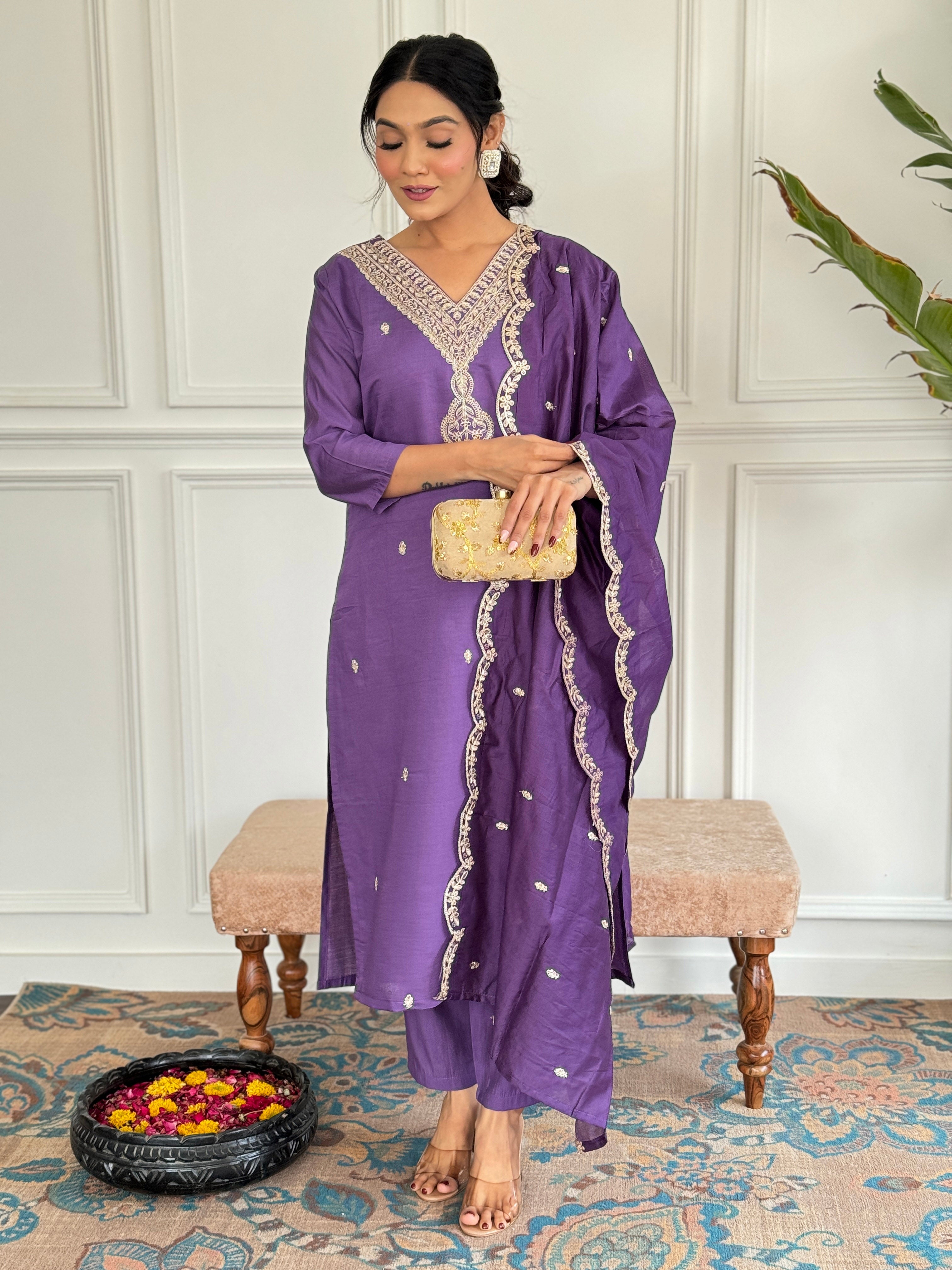 Women's Viscose Chanderi Kurta  Set with Dupatta  & V Neck