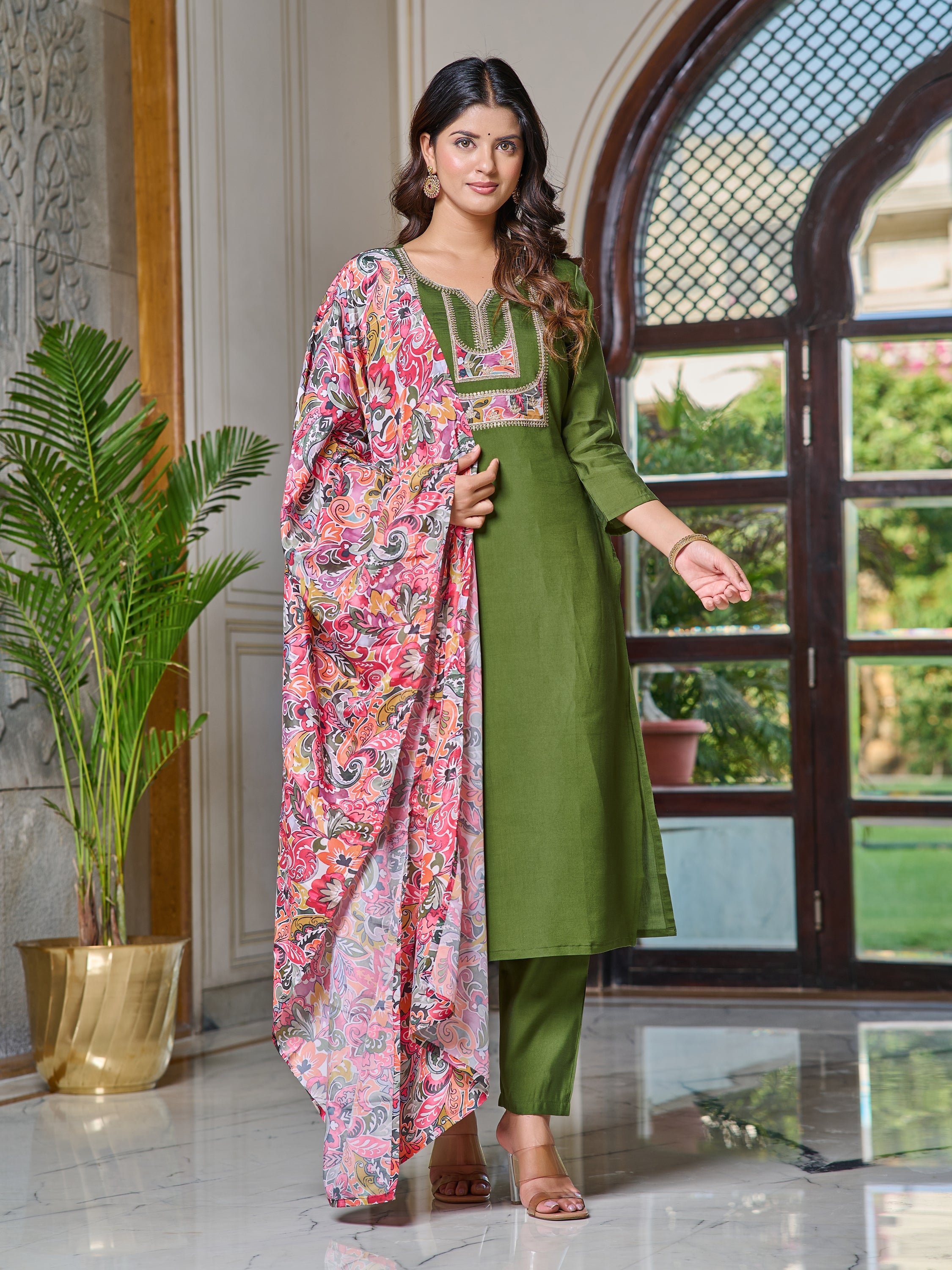 Women's Chanderi Kurta  Set with Dupatta & Notch Neck