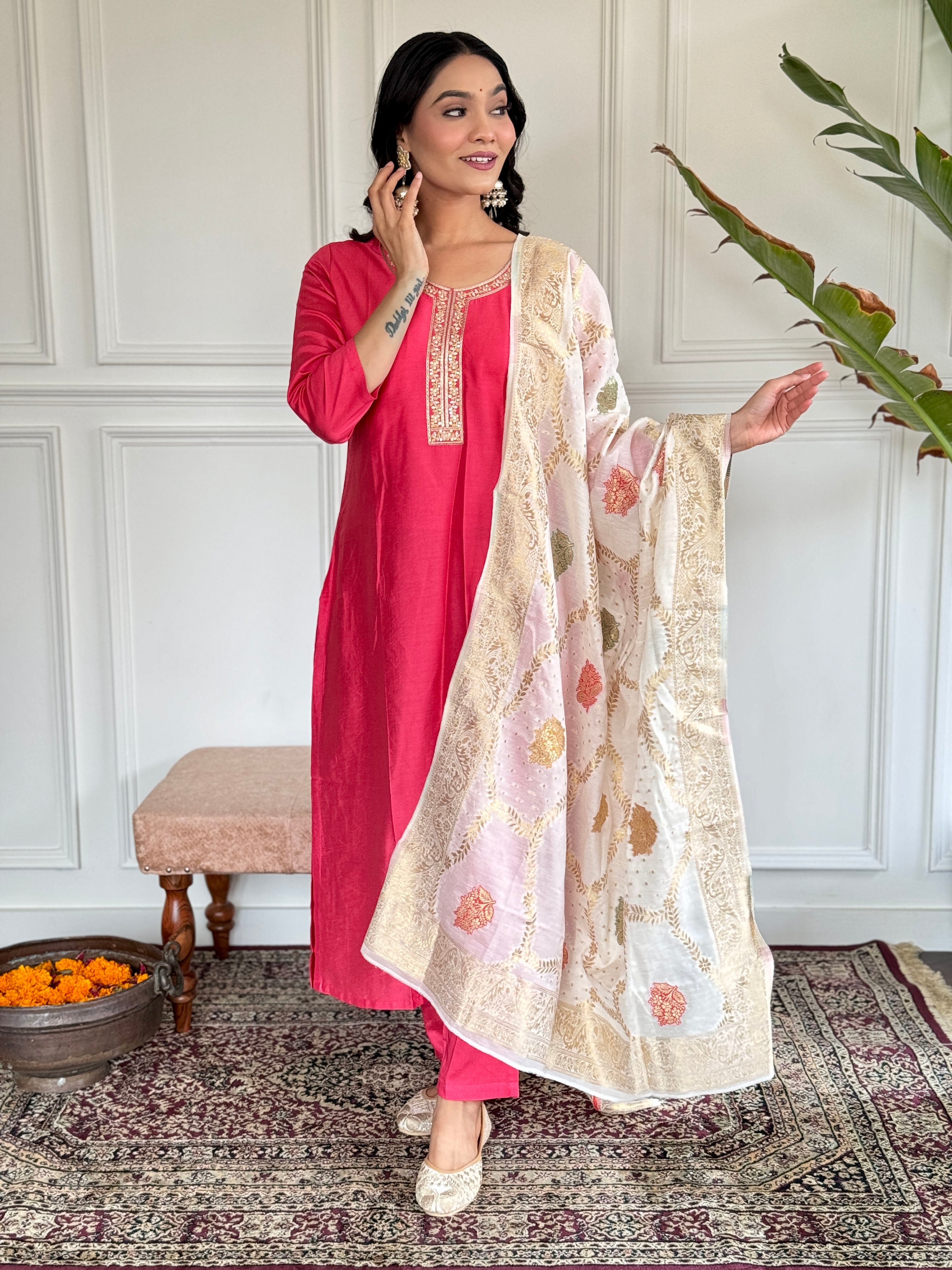 Women Viscose Embroidered Kurta With Pant & Dupatta
