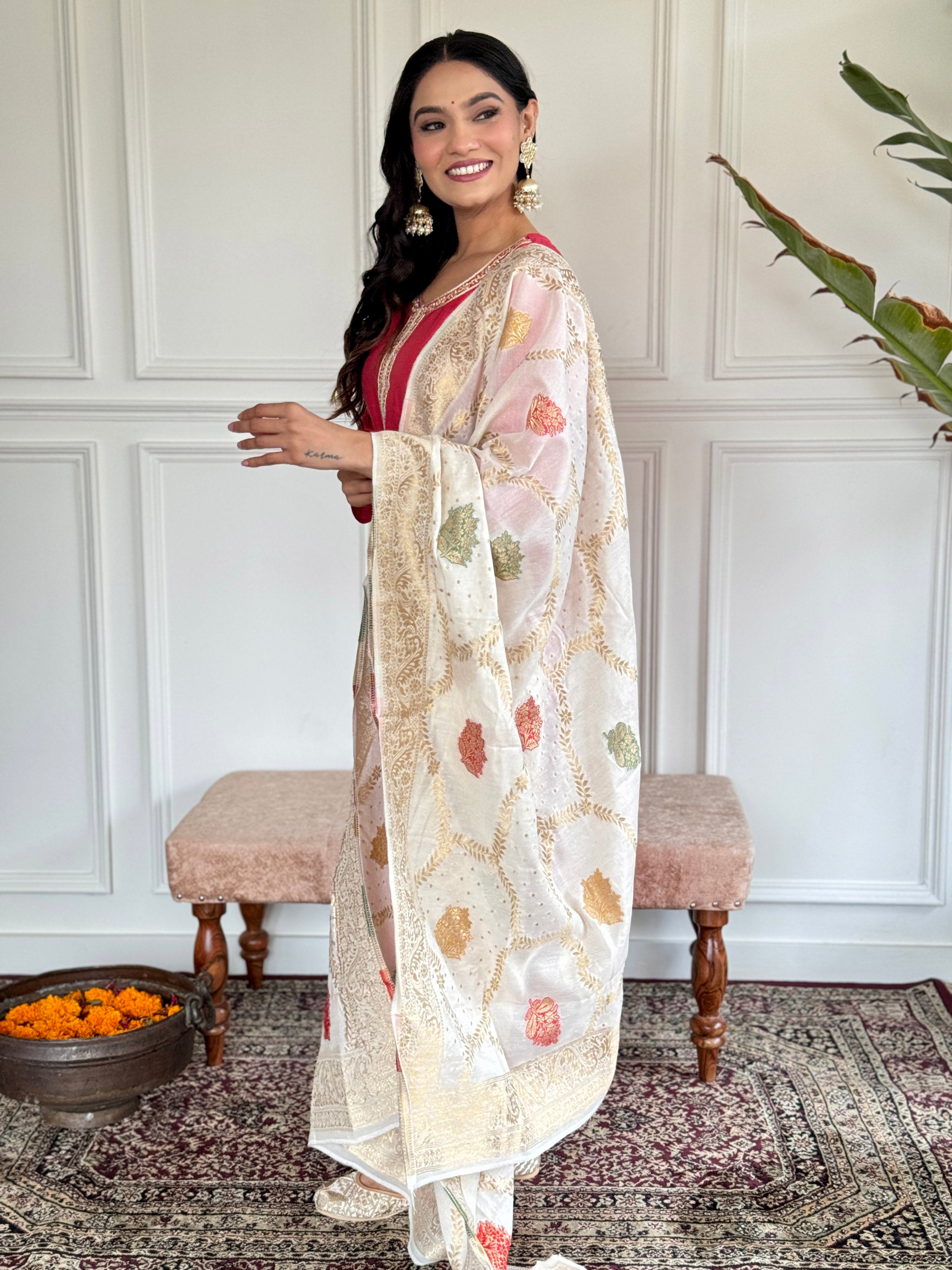 Women Viscose Embroidered Kurta With Pant & Dupatta