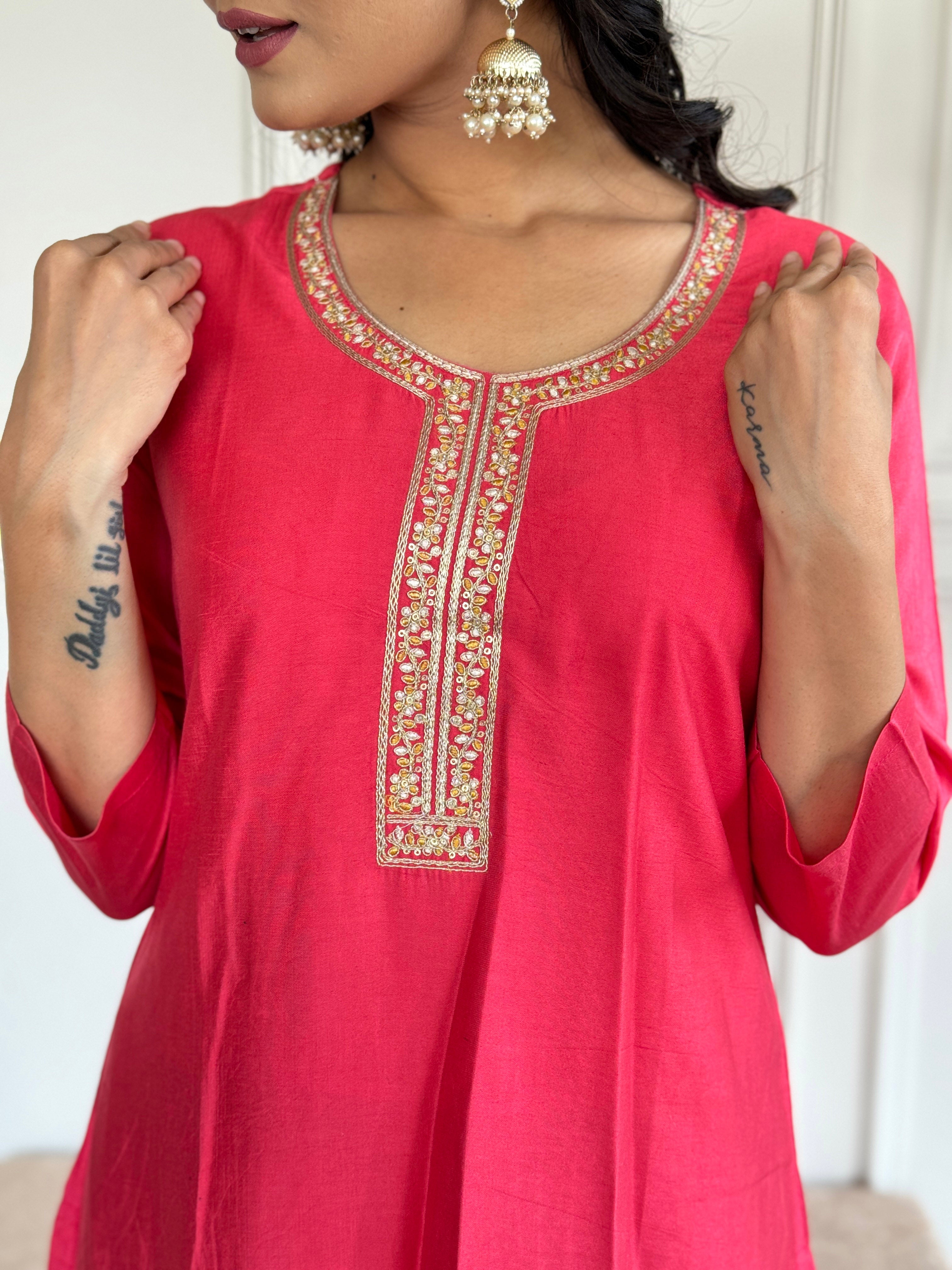 Women Viscose Embroidered Kurta With Pant & Dupatta