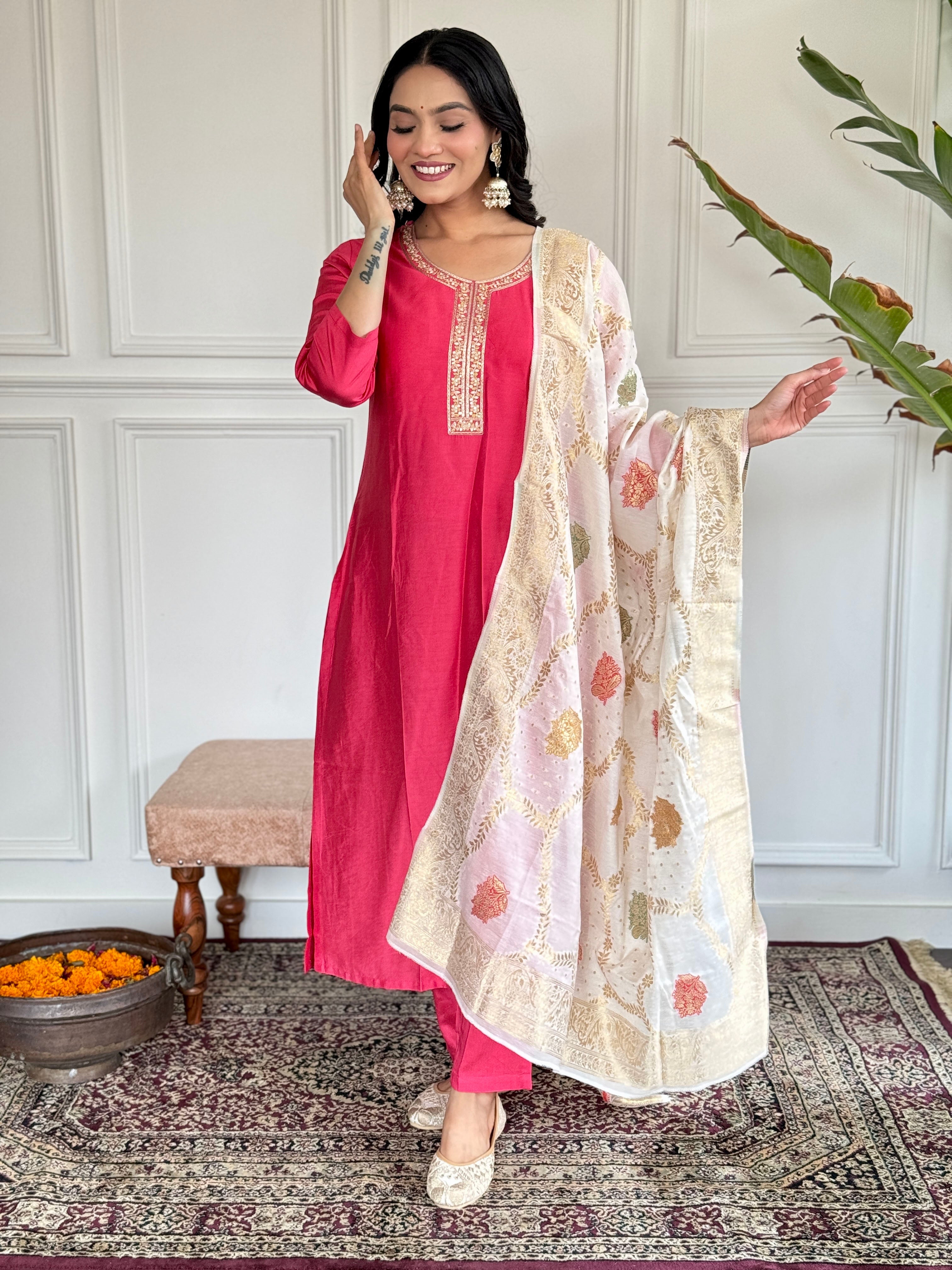Women Viscose Embroidered Kurta With Pant & Dupatta