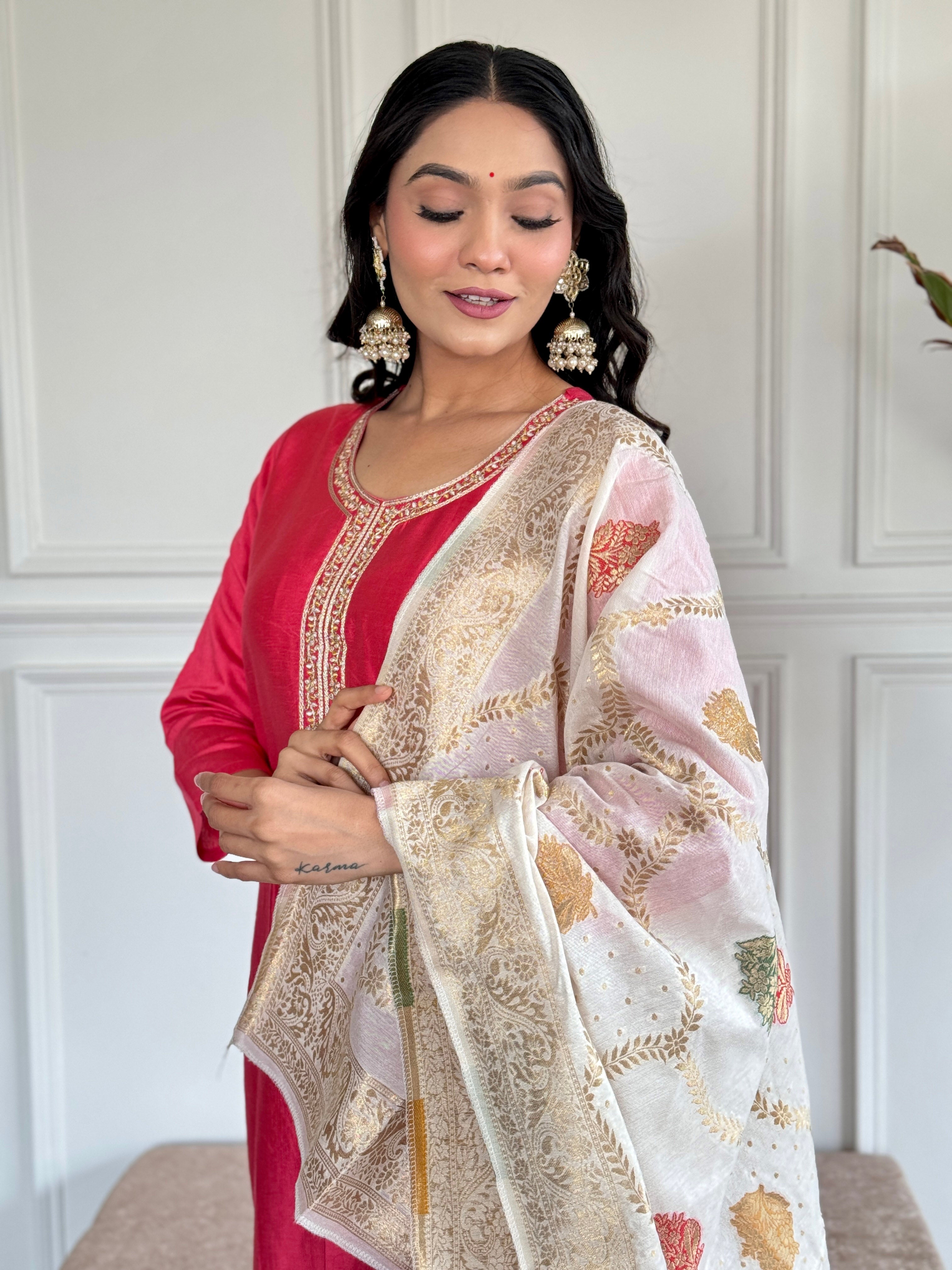 Women Viscose Embroidered Kurta With Pant & Dupatta