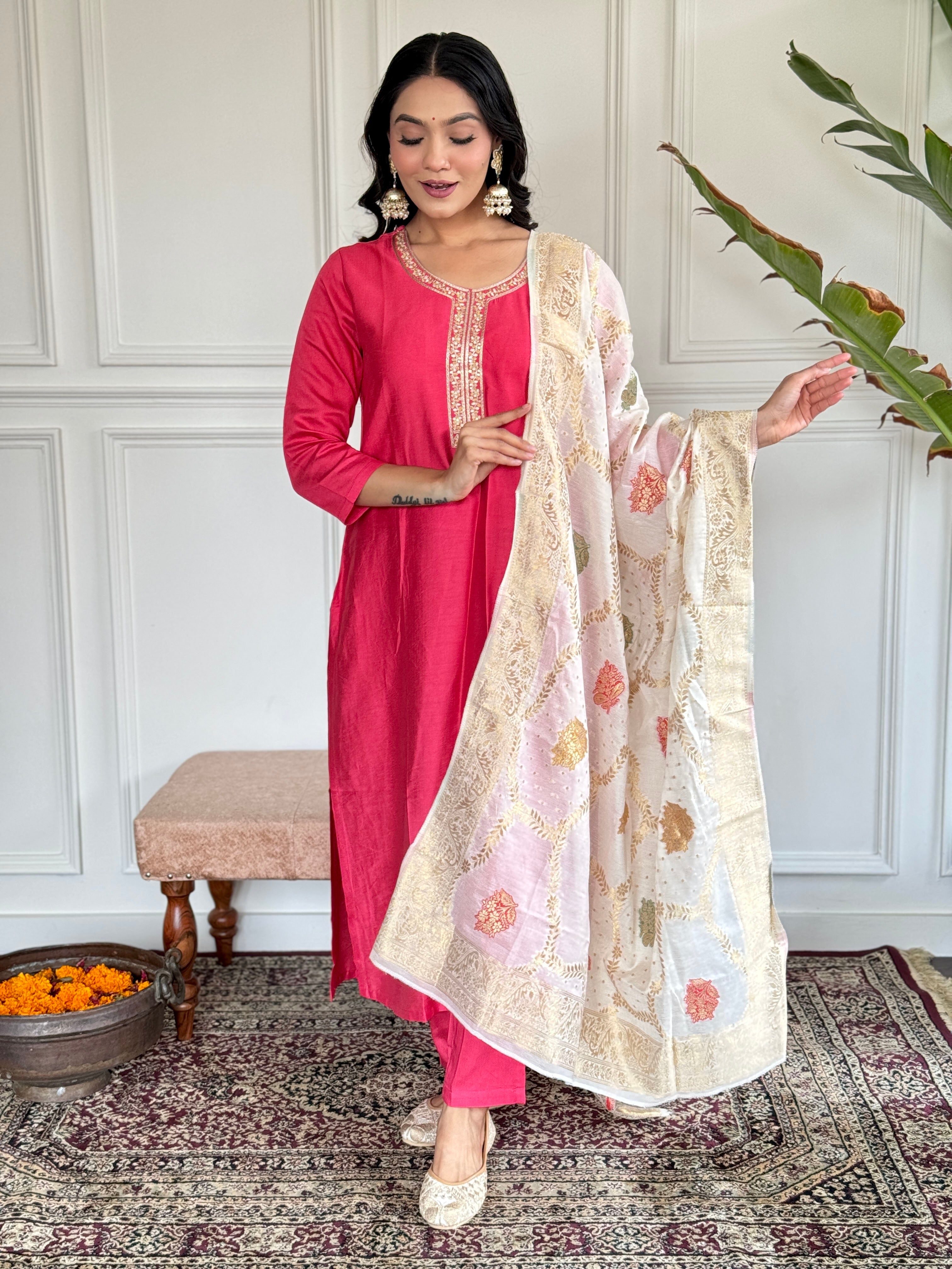 Women Viscose Embroidered Kurta With Pant & Dupatta