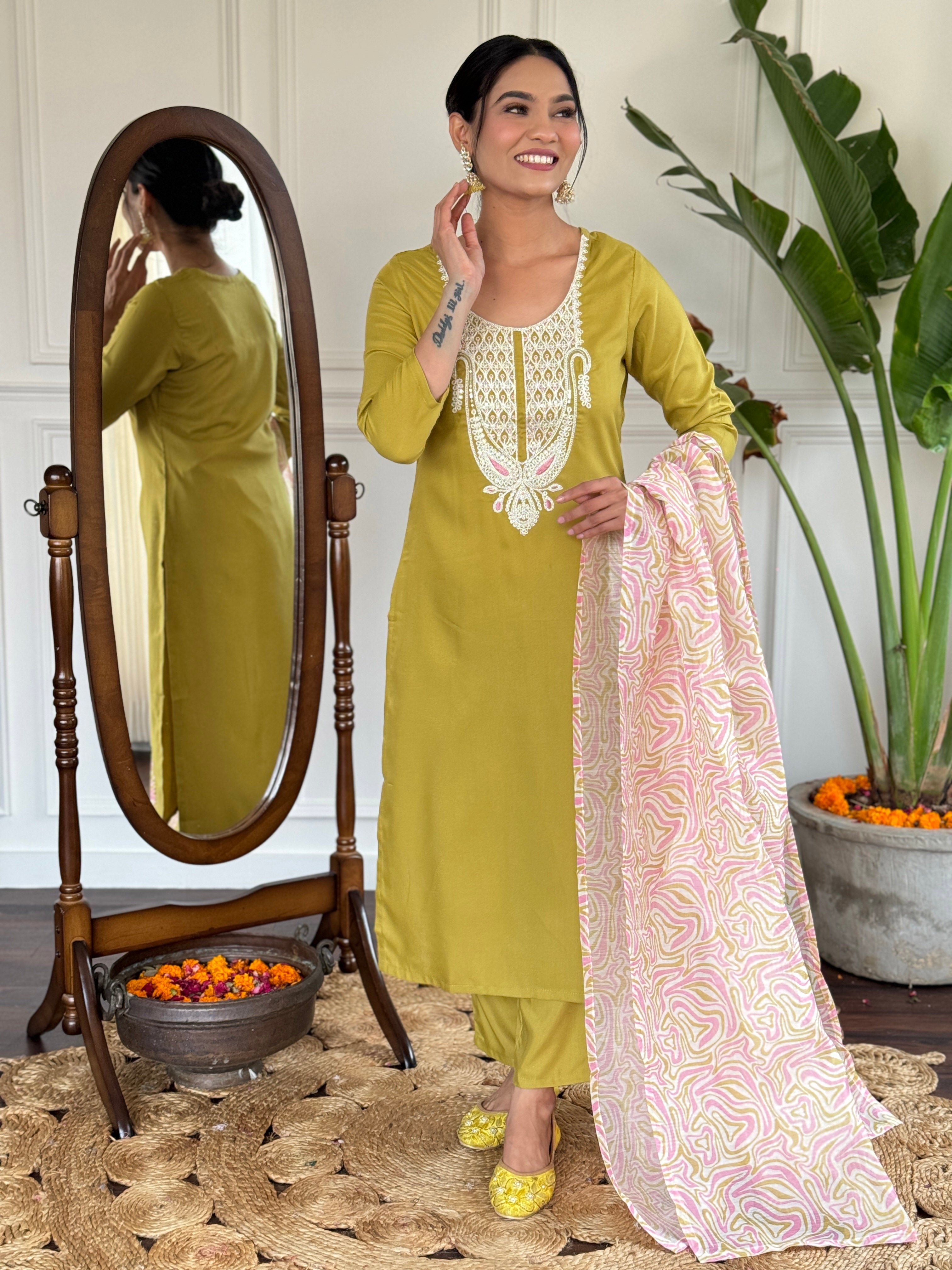 Women's Viscose Slub Embroidered Kurta With Pant & Dupatta