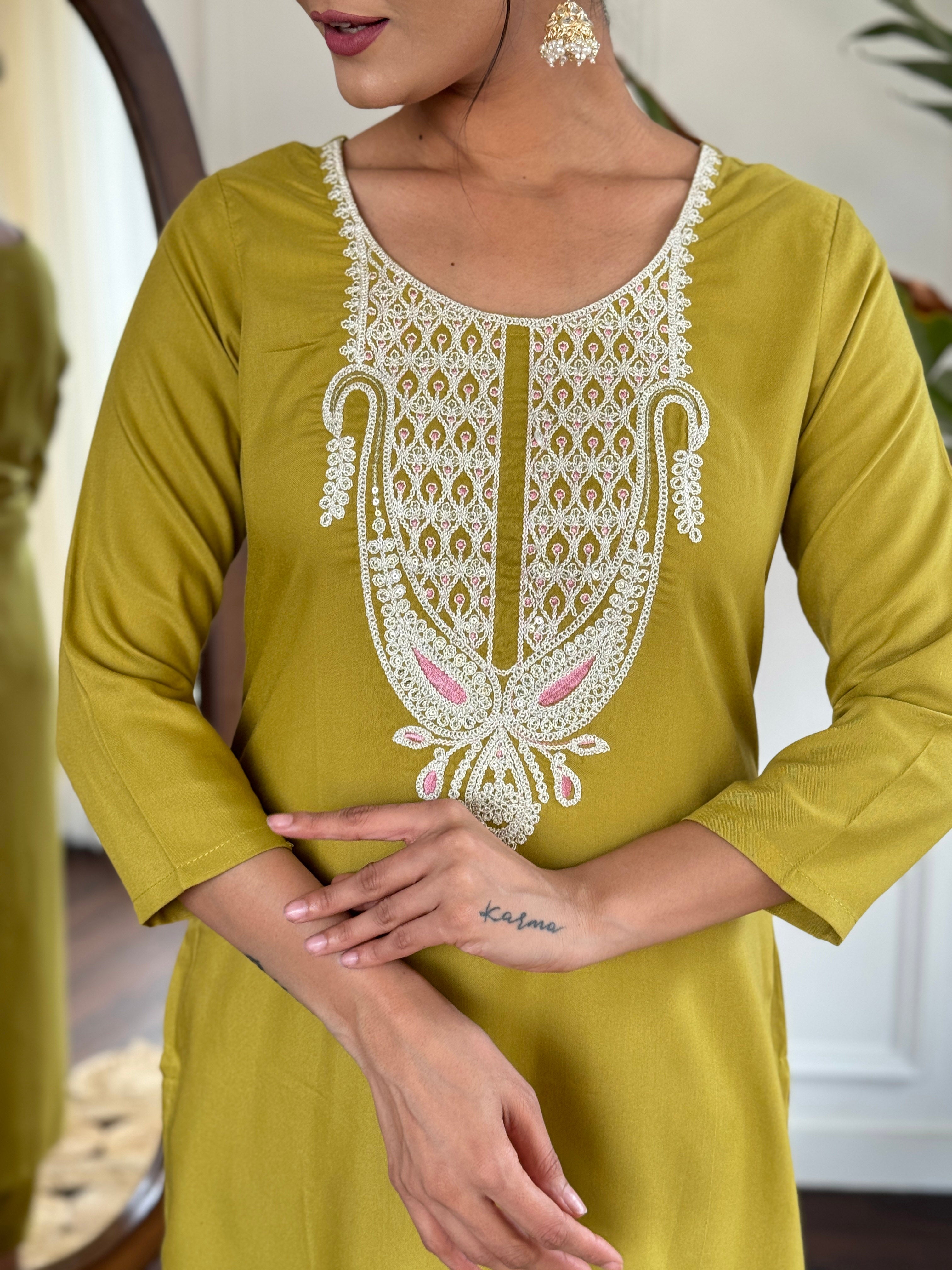 Women's Viscose Slub Embroidered Kurta With Pant & Dupatta