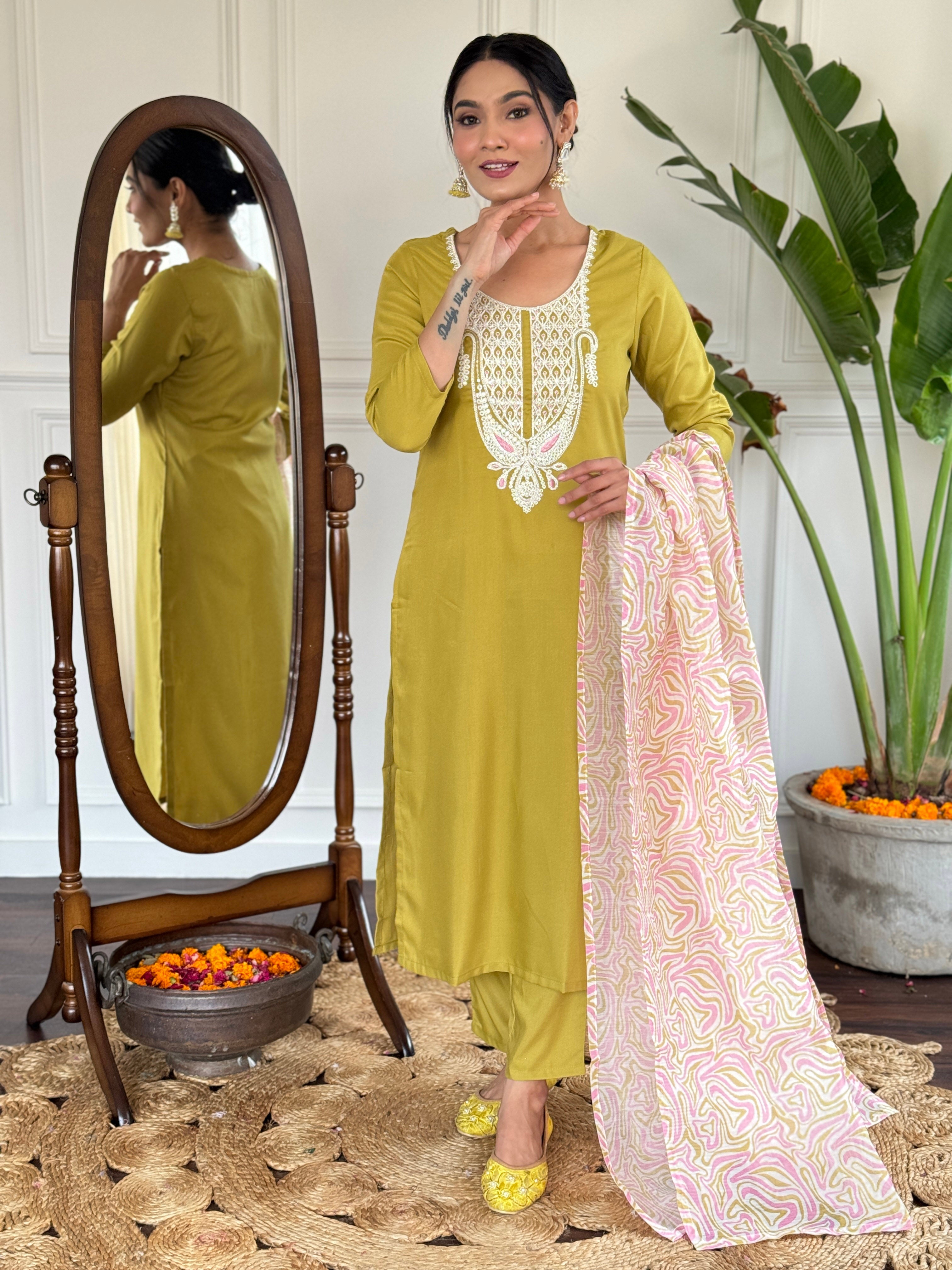 Women's Viscose Slub Embroidered Kurta With Pant & Dupatta