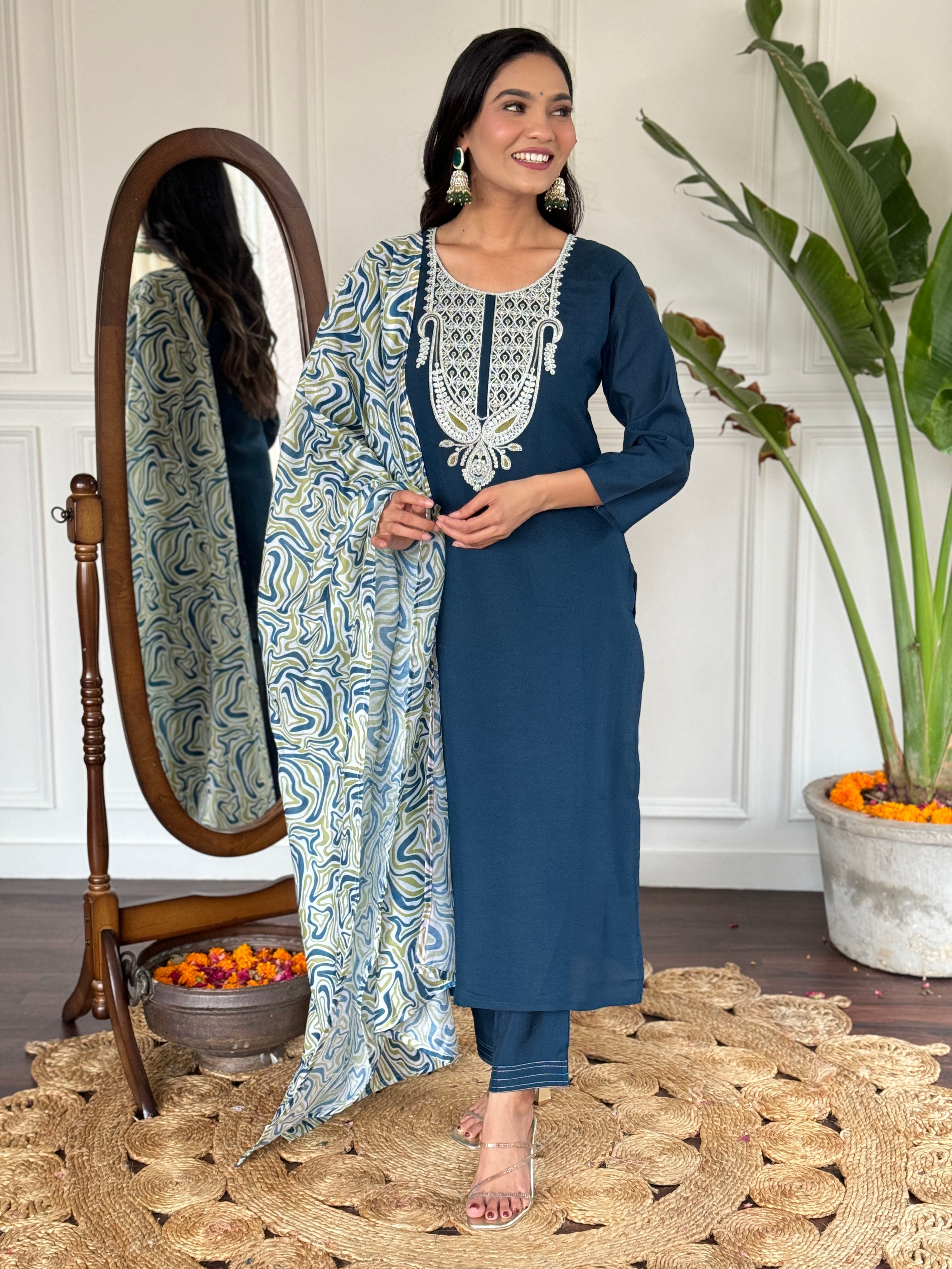 Women's Viscose Slub Embroidered Kurta With Pant & Dupatta