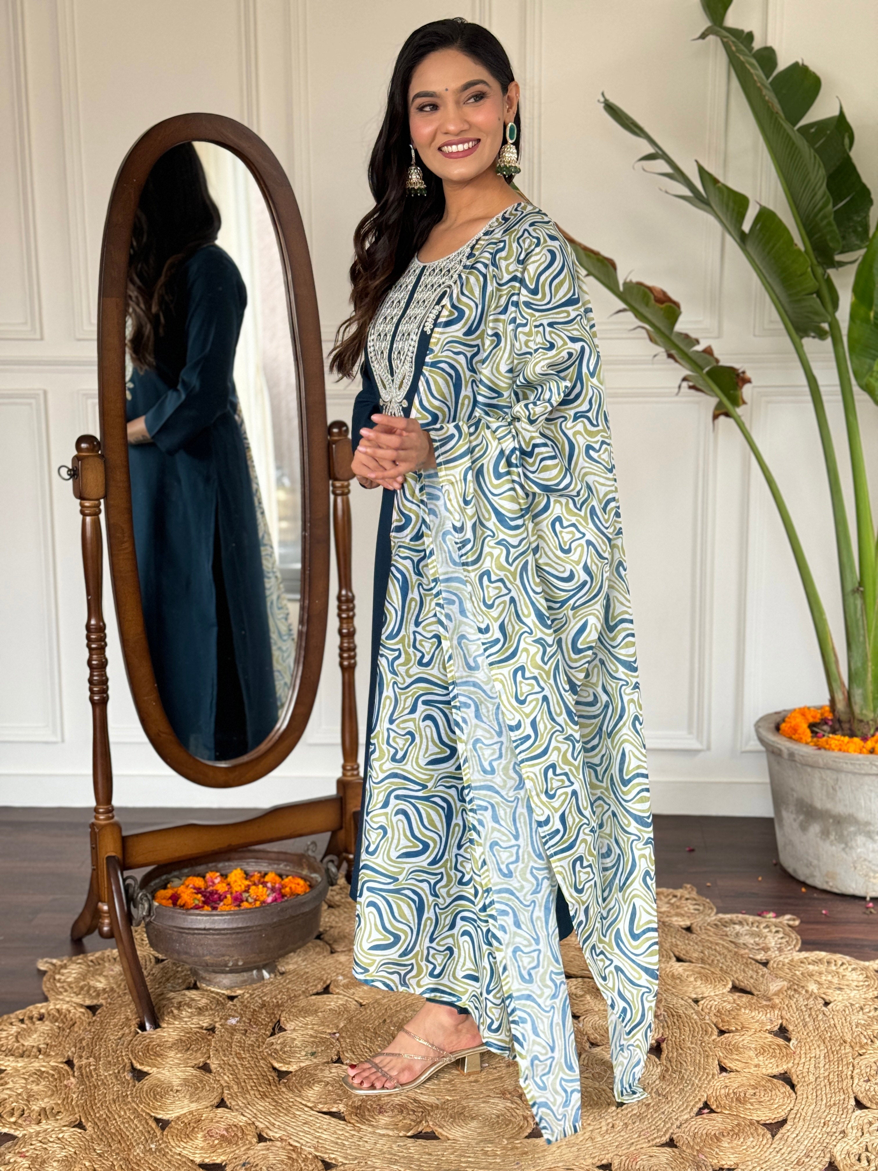 Women's Viscose Slub Embroidered Kurta With Pant & Dupatta