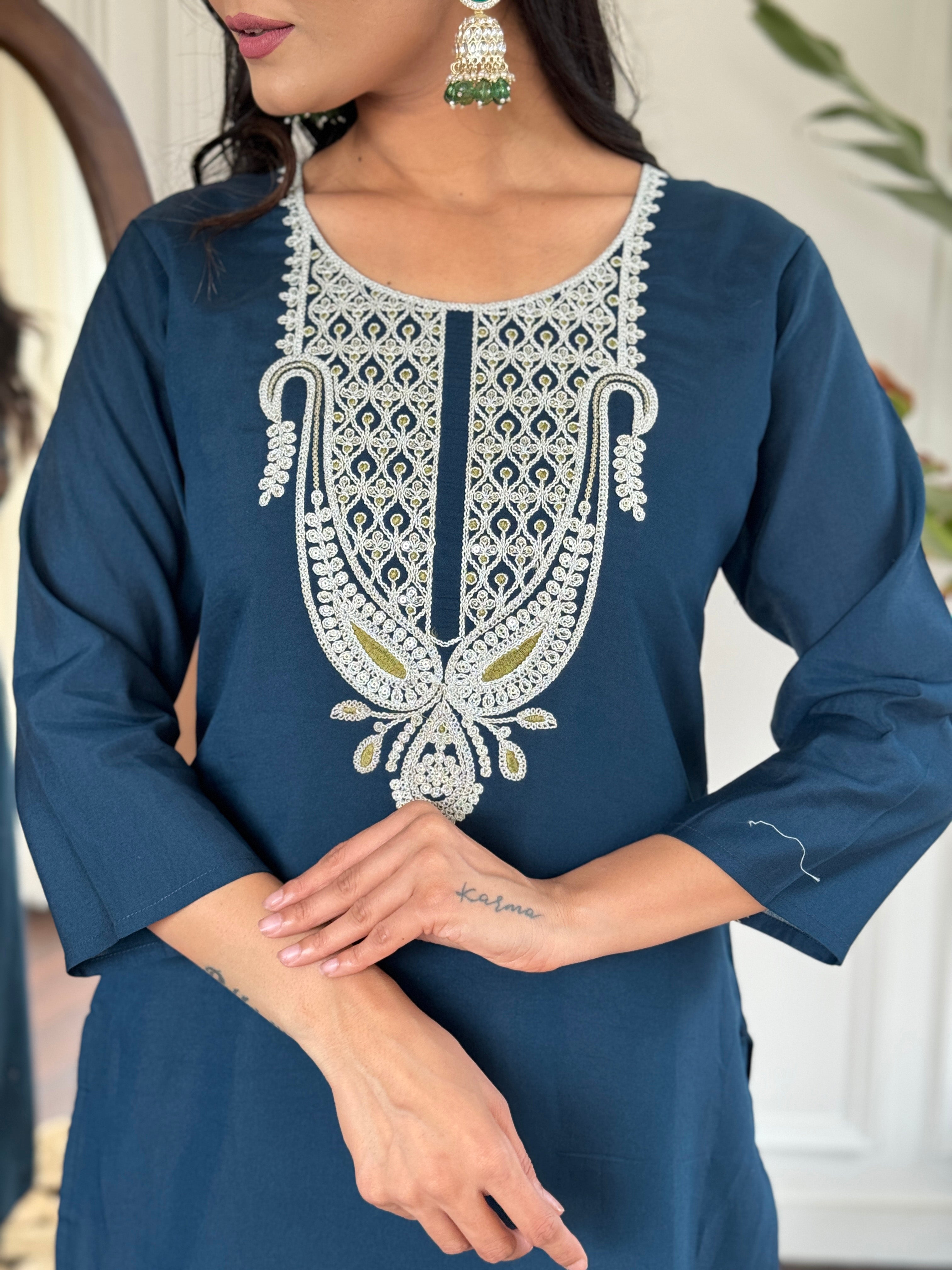 Women's Viscose Slub Embroidered Kurta With Pant & Dupatta