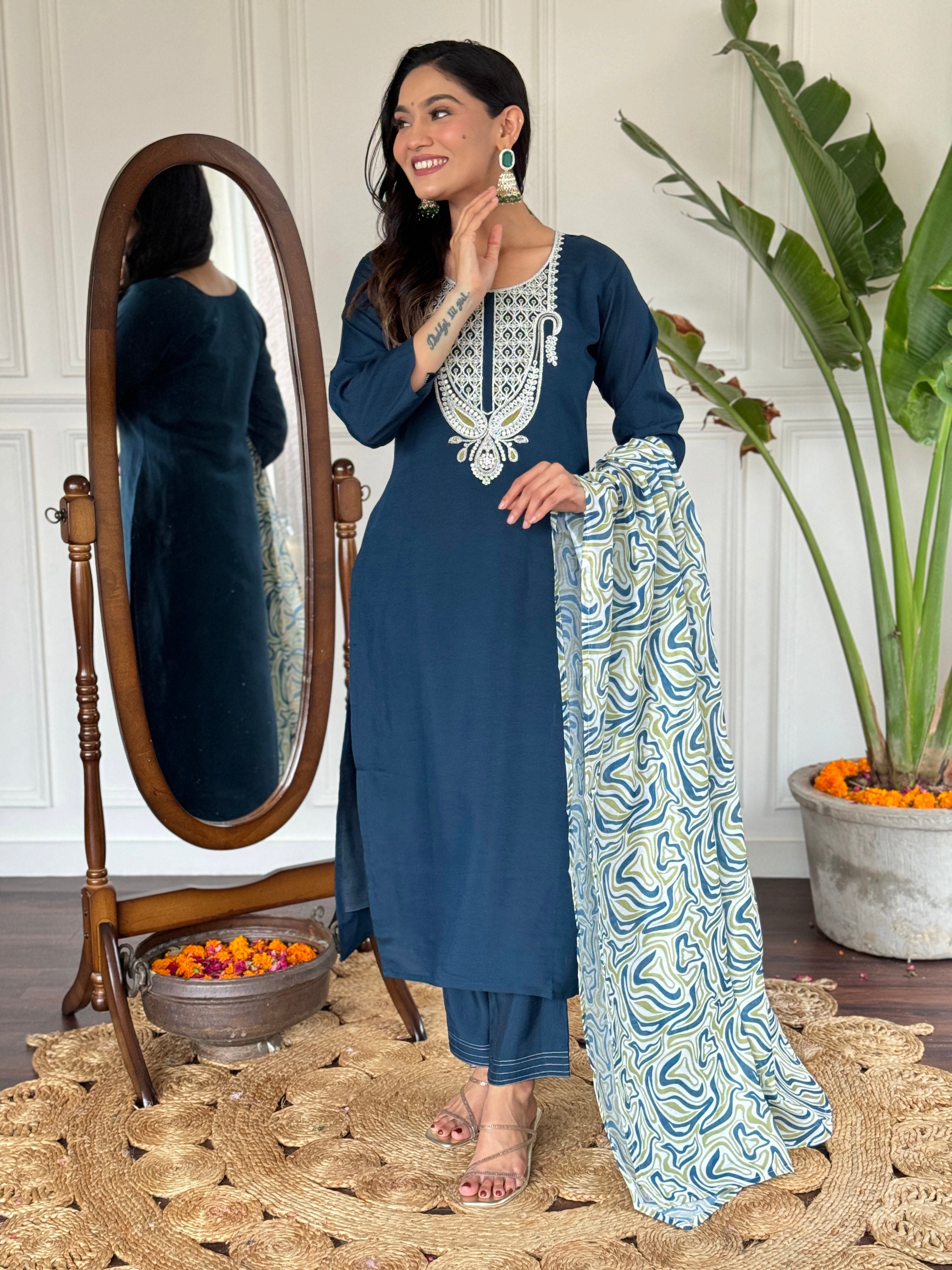 Women's Viscose Slub Embroidered Kurta With Pant & Dupatta