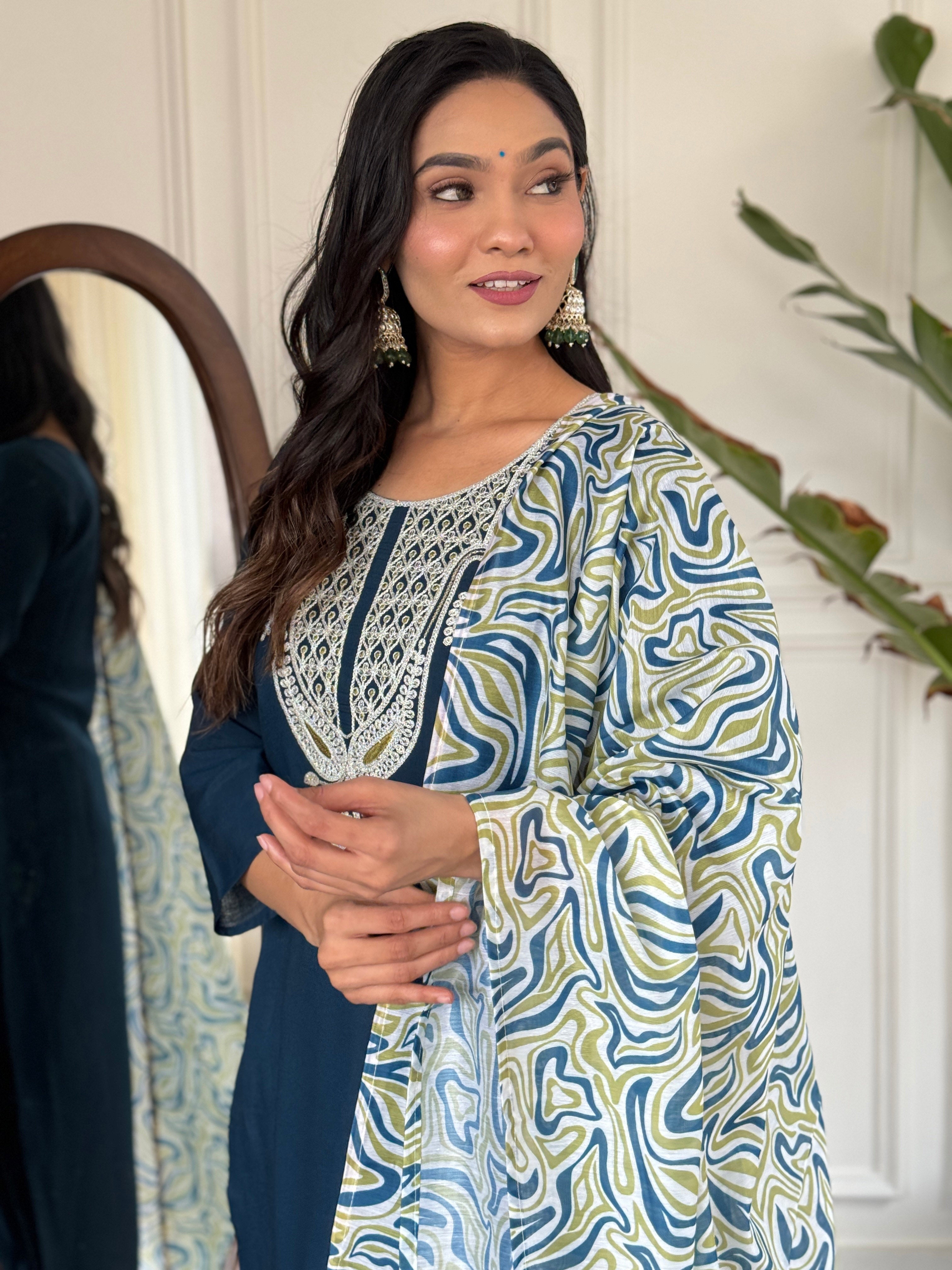 Women's Viscose Slub Embroidered Kurta With Pant & Dupatta