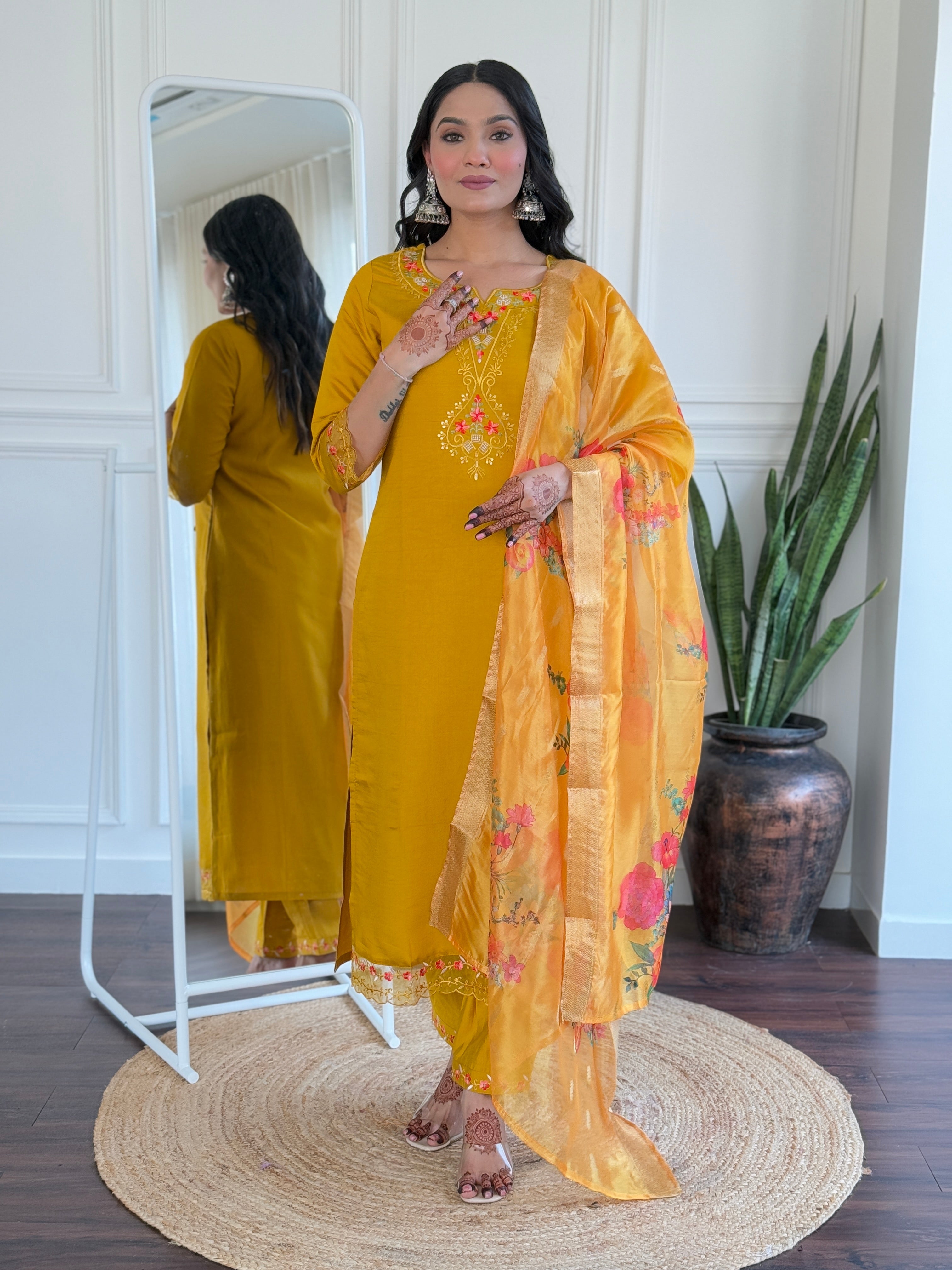 Women Solid Embroidered Kurta with Trousers & Dupatta