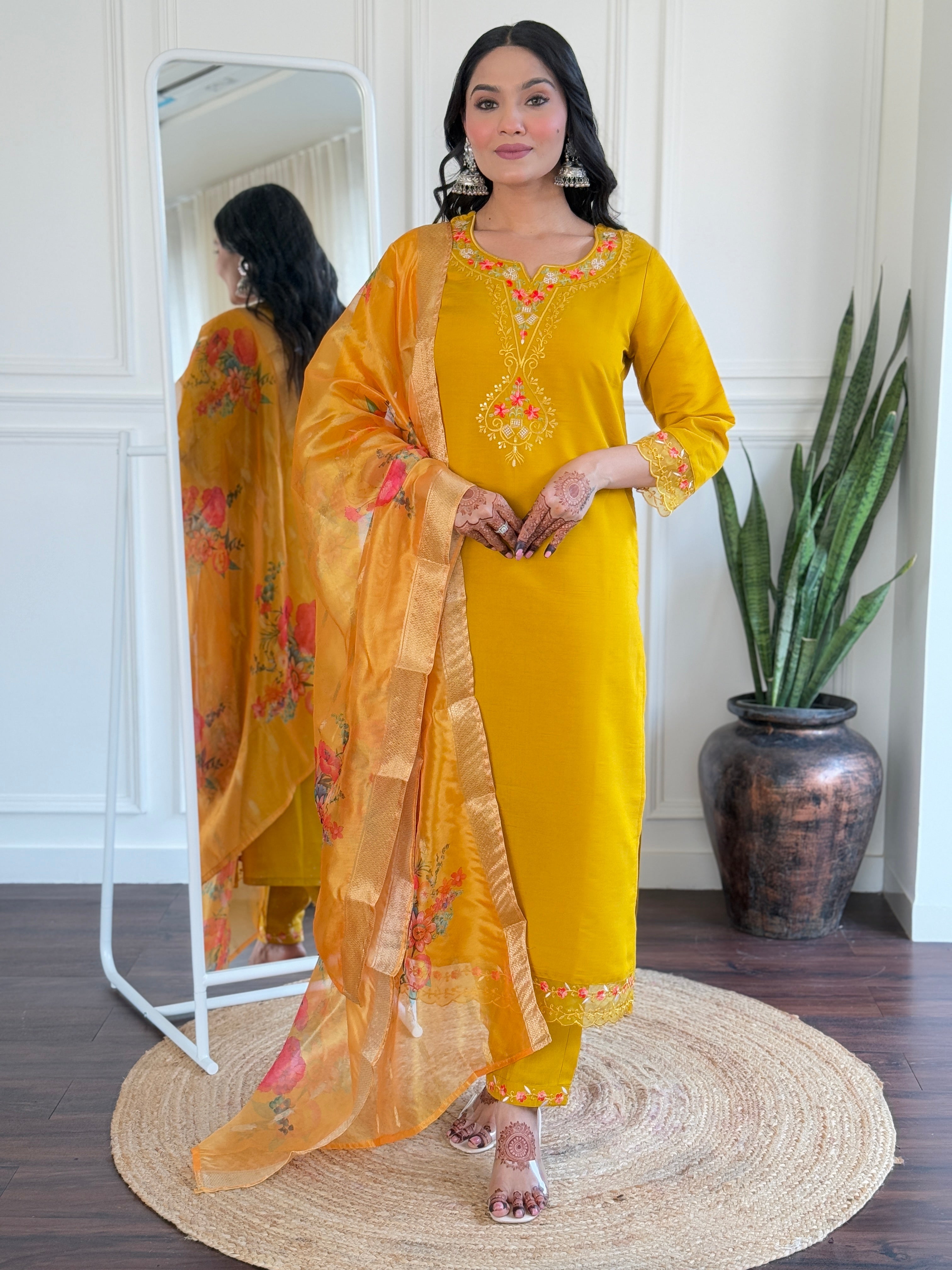 Women Solid Embroidered Kurta with Trousers & Dupatta